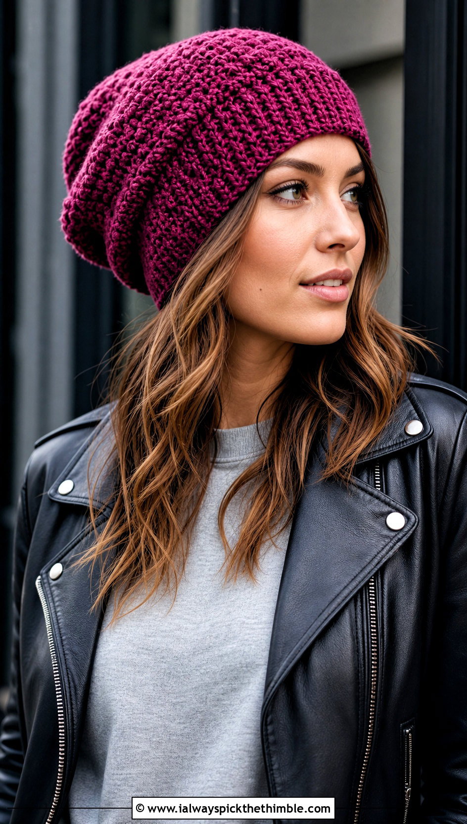 Pink Slouchy Crochet Beanie With Leather Jacket - 25 pink crochet hat outfit ideas