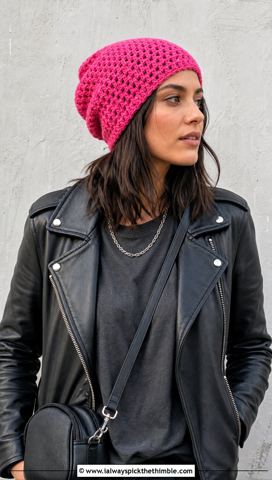 Pink Slouchy Crochet Beanie With Leather Jacket - 25 pink crochet beanie outfit ideas