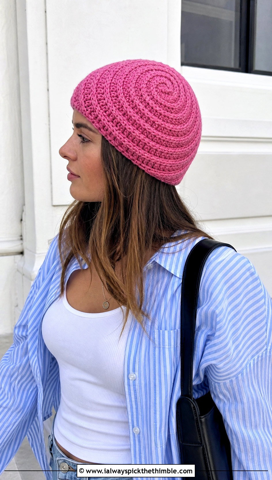 Pink Spiral Crochet Beanie With Oversized Shirt - 25 pink crochet beanie outfit ideas