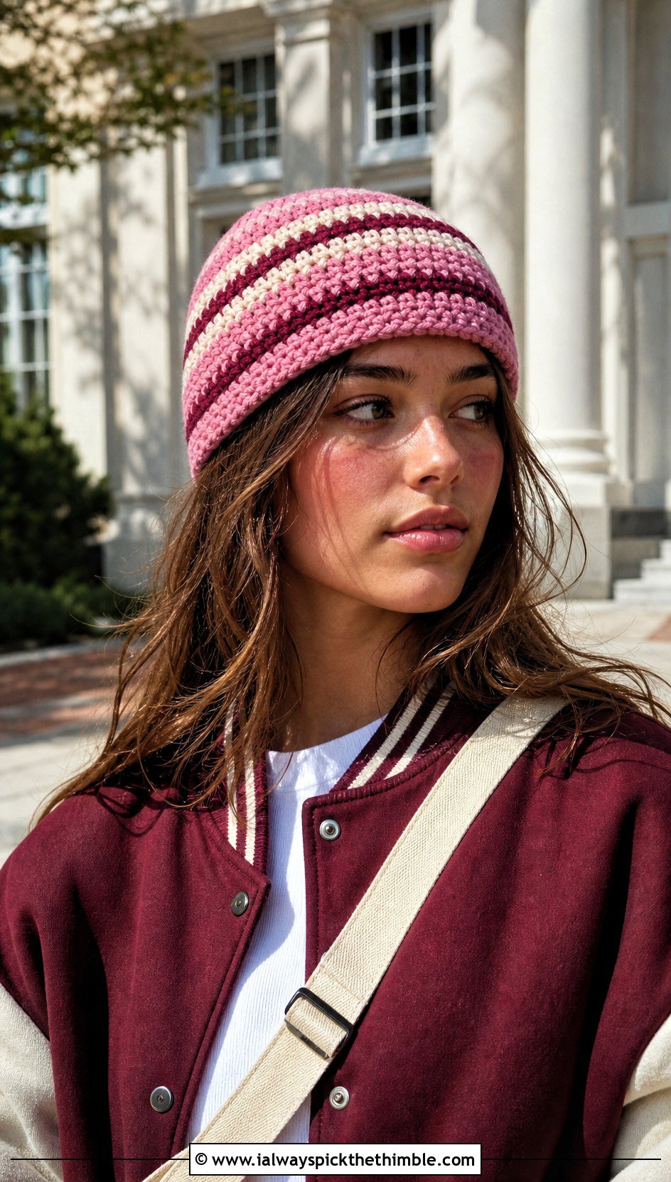Pink Striped Crochet Beanie With Varsity Jacket - 25 pink crochet beanie outfit ideas