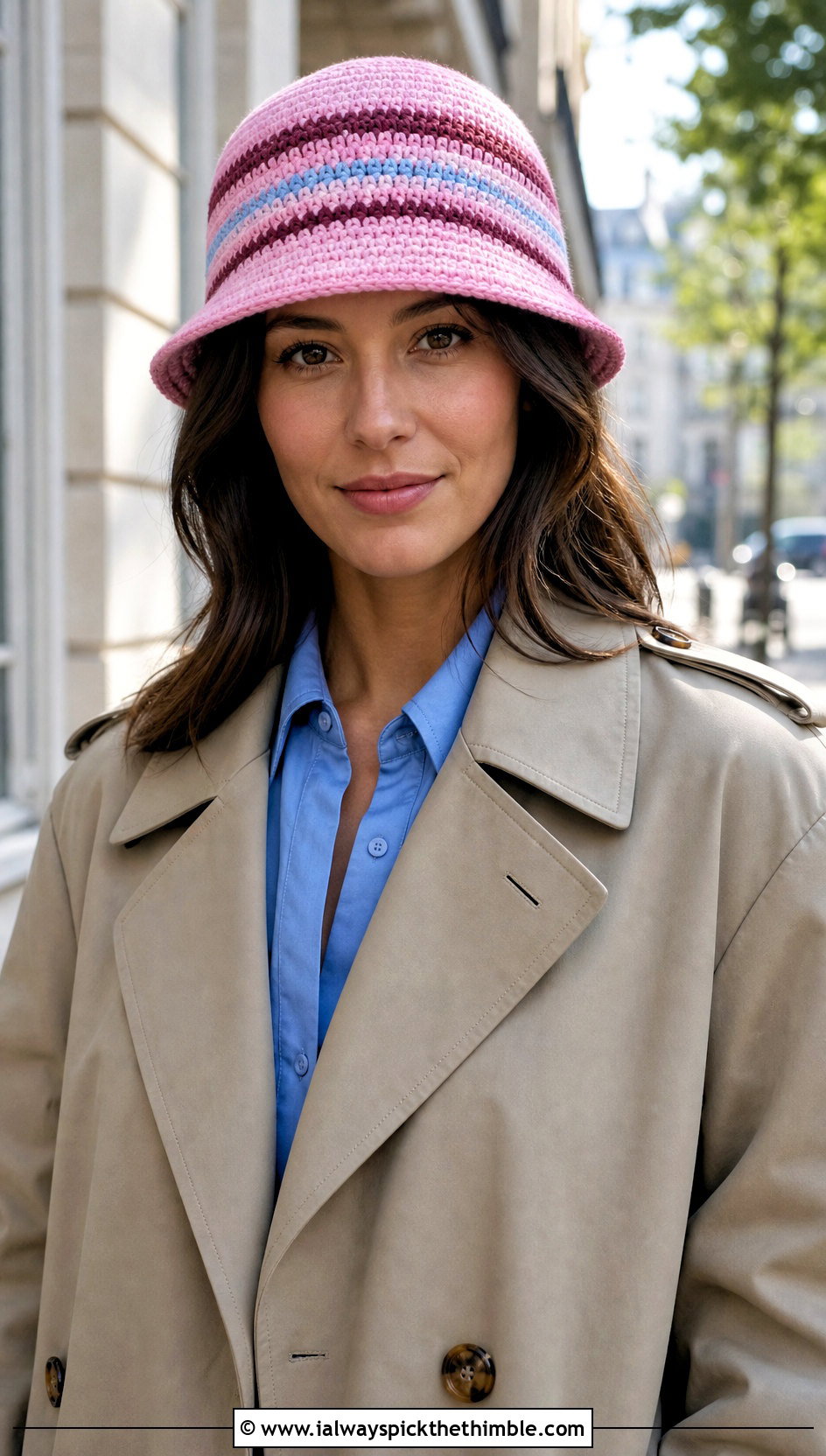 Pink Striped Crochet Bucket Hat With Trench Coat - 25 pink crochet hat outfit ideas