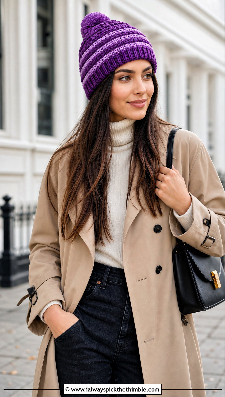 Pinstripe Puff Stitch Beanie With Trench Coat - 20 crochet puff stitch beanie outfit ideas