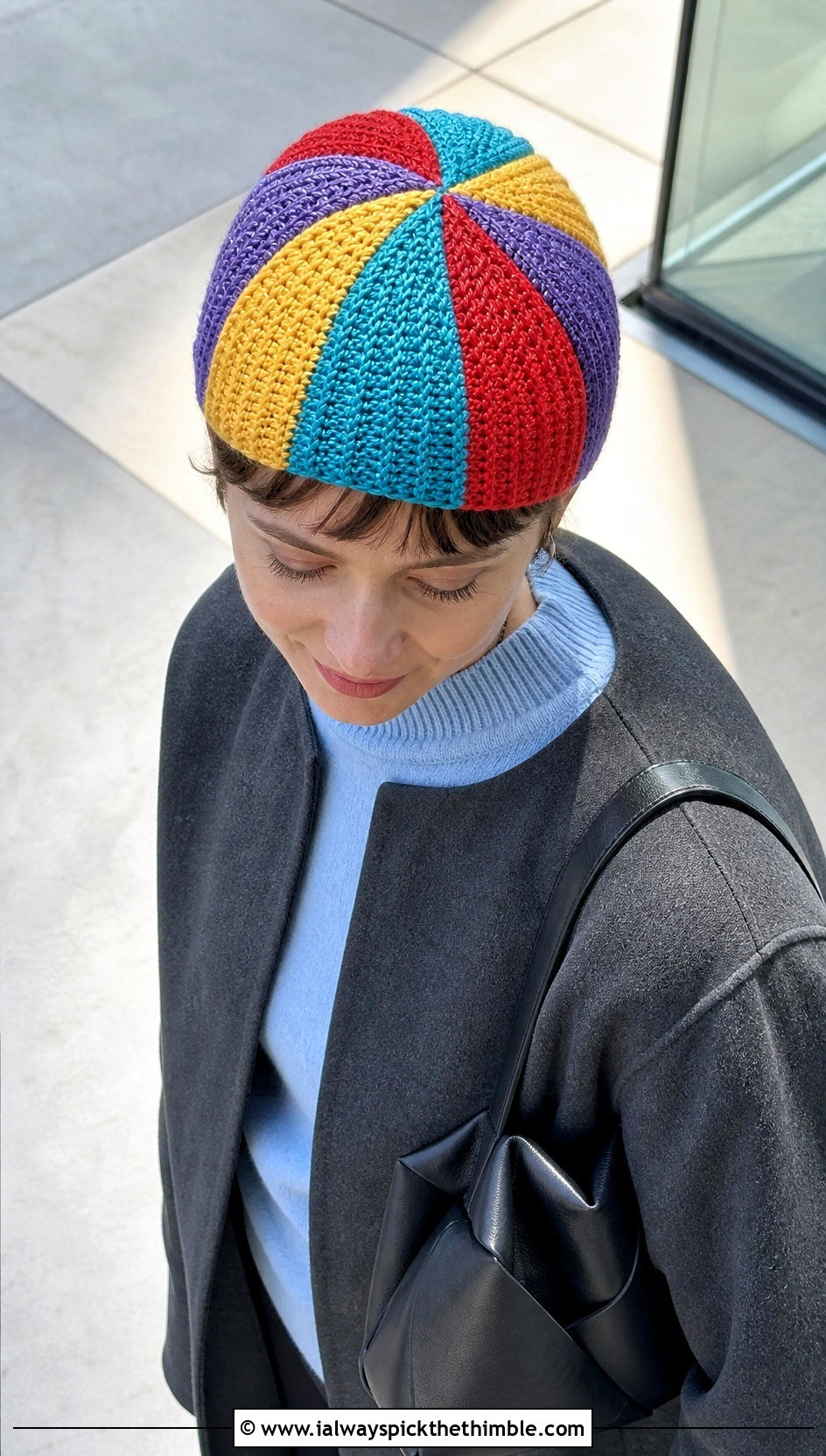 Pinwheel Short Row Crochet Hat With Minimalist Coat - 20 short row crochet hat outfit ideas