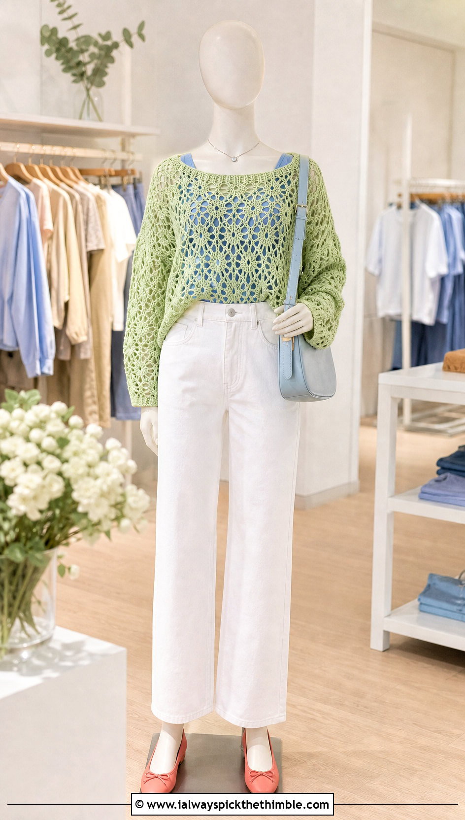 Pistachio Open Stitch Crochet Sweater With White Jeans - 15 Green Crochet Sweater On Mannequin outfit ideas