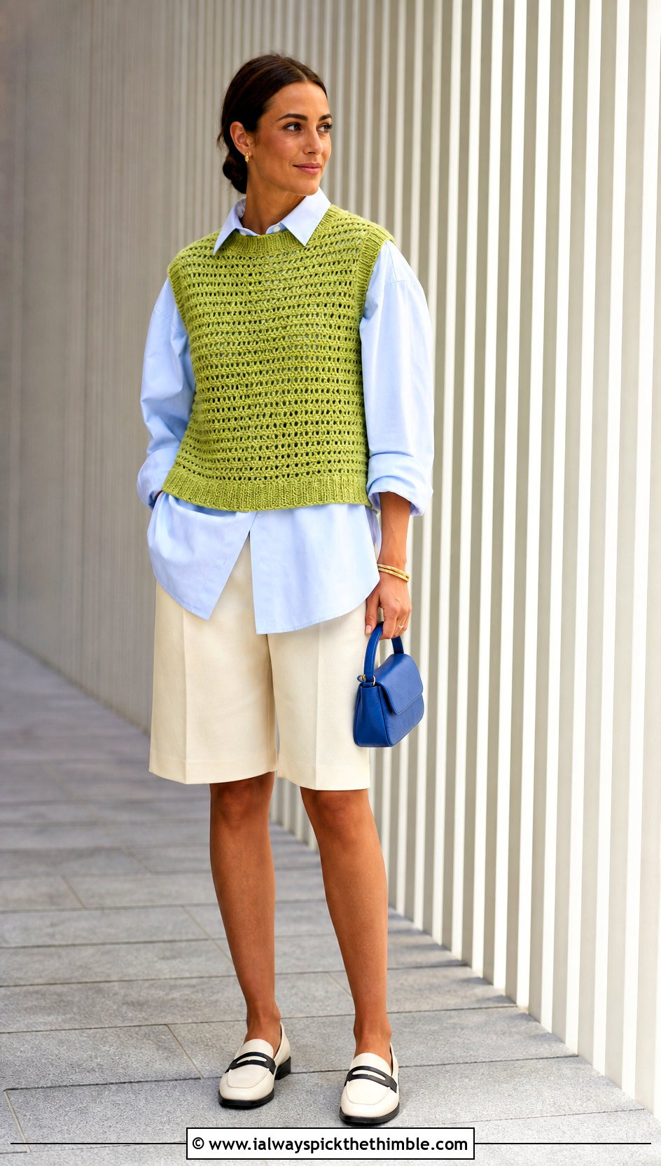 Pistachio Sleeveless Crochet Jumper With Bermuda Shorts - 20 green crochet jumper outfit ideas
