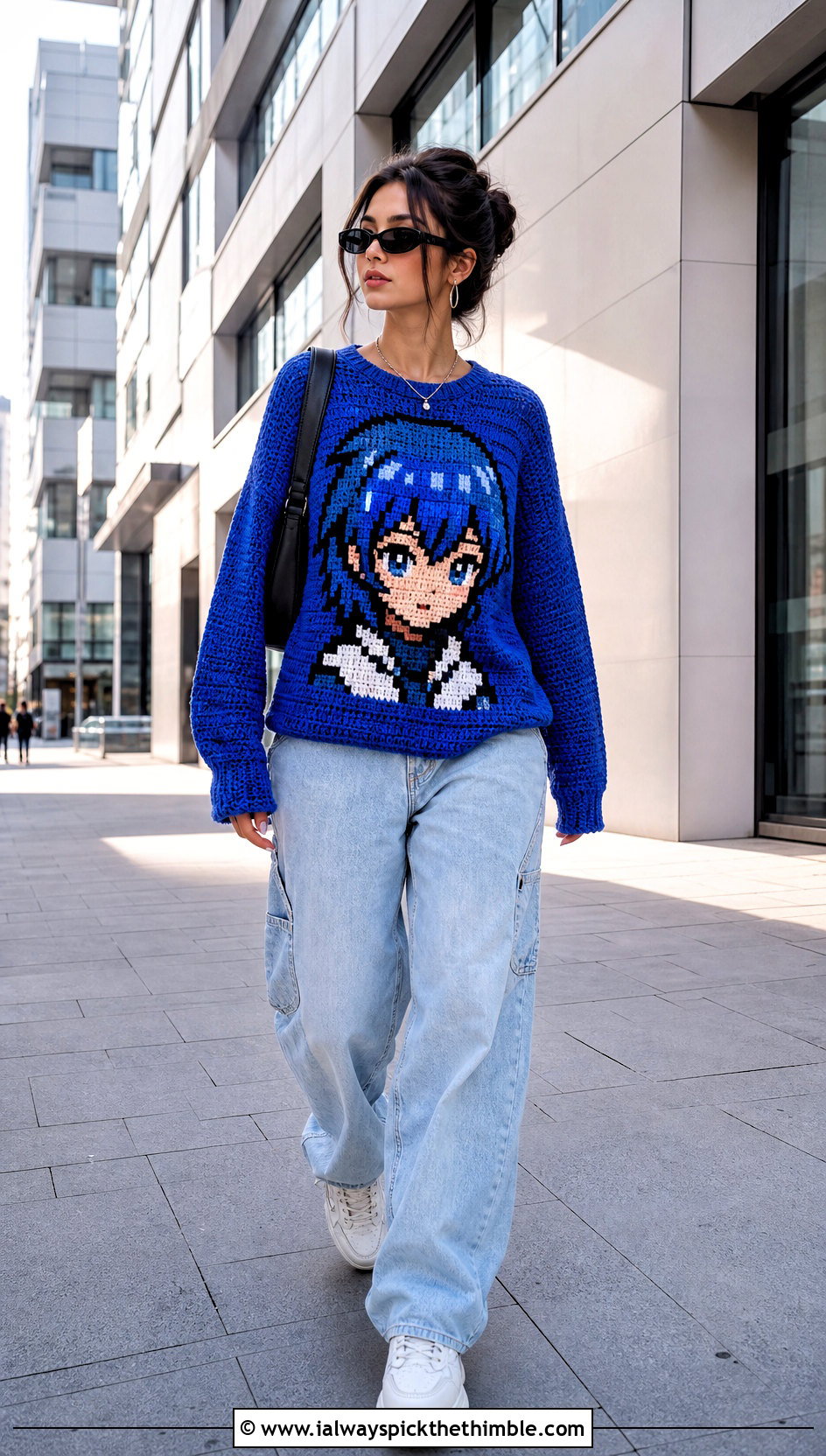 Pixel Art Anime Crochet Sweater With Baggy Jeans - 20 Anime Crochet Sweater outfit ideas