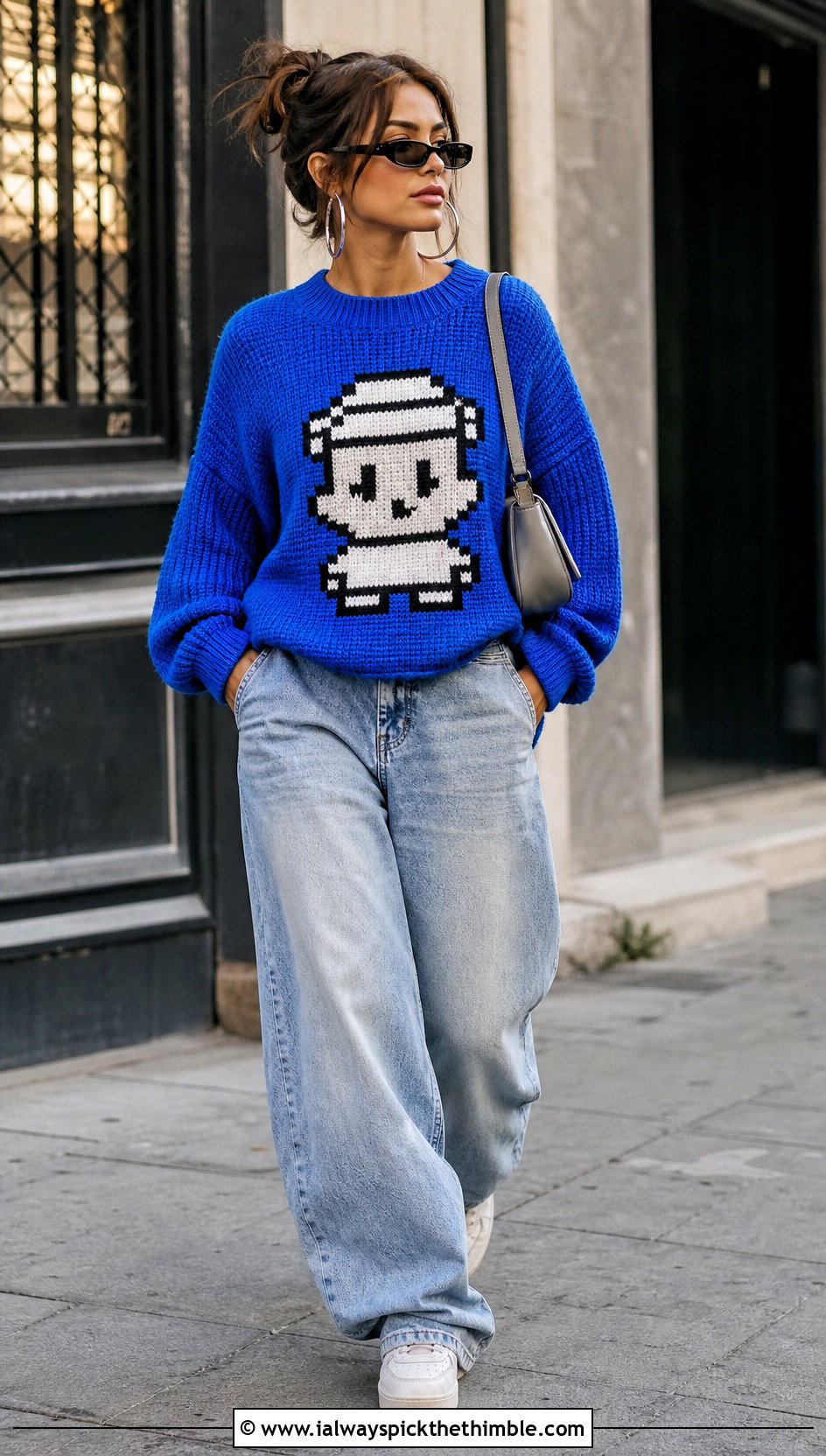 Pixel Art Crochet Character Sweater With Baggy Jeans - 20 Crochet Character Sweater outfit ideas