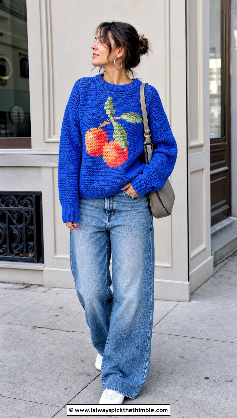 Pixel Art Crochet Graph Sweater With Wide Leg Jeans - 20 crochet graph sweater outfit ideas