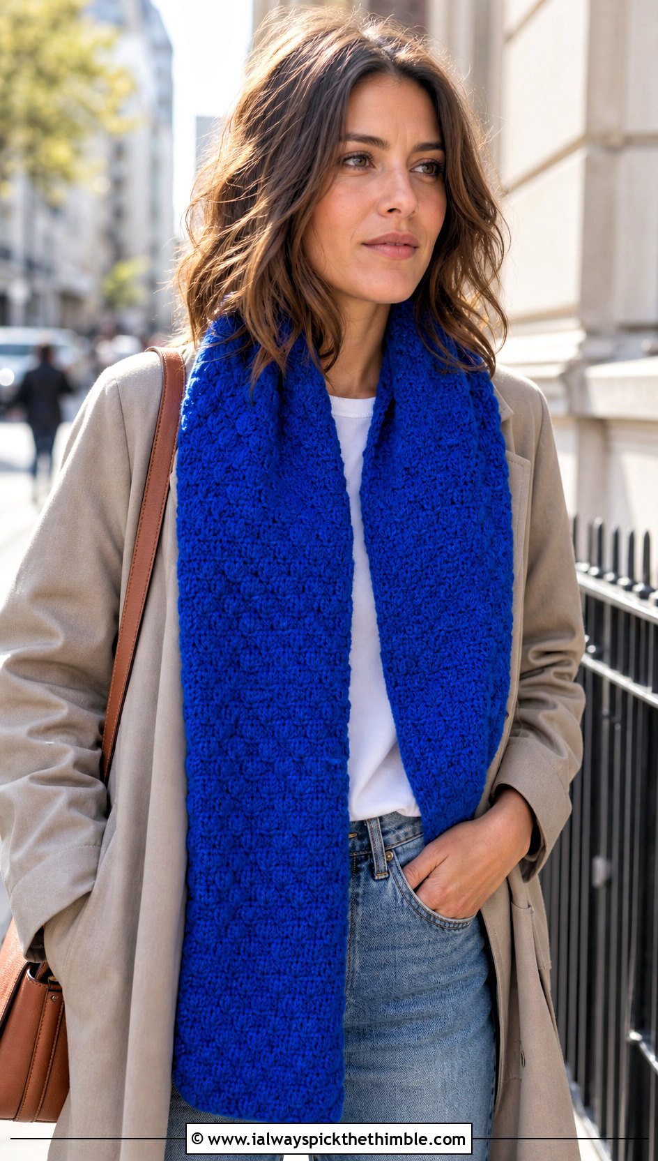 Pixel C2C Rectangle Scarf With Trench Coat And Jeans - 25 c2c crochet scarf outfit ideas