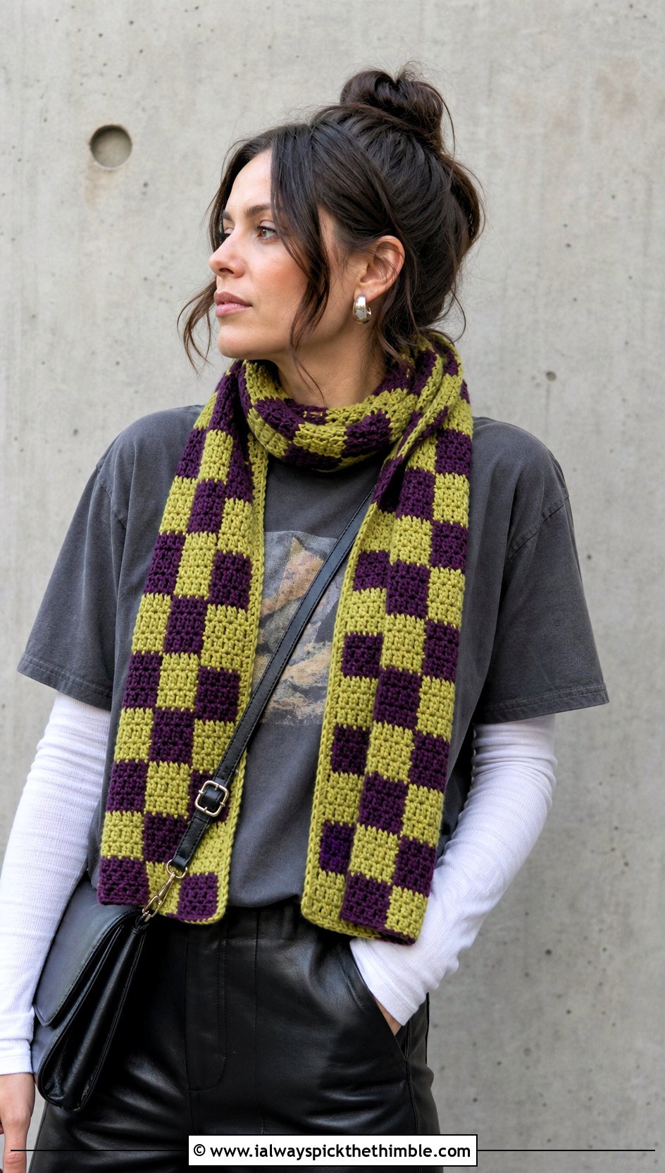 Pixel Checkered Crochet Scarf With Graphic Tee - 20 Checkered Crochet Scarf outfit ideas