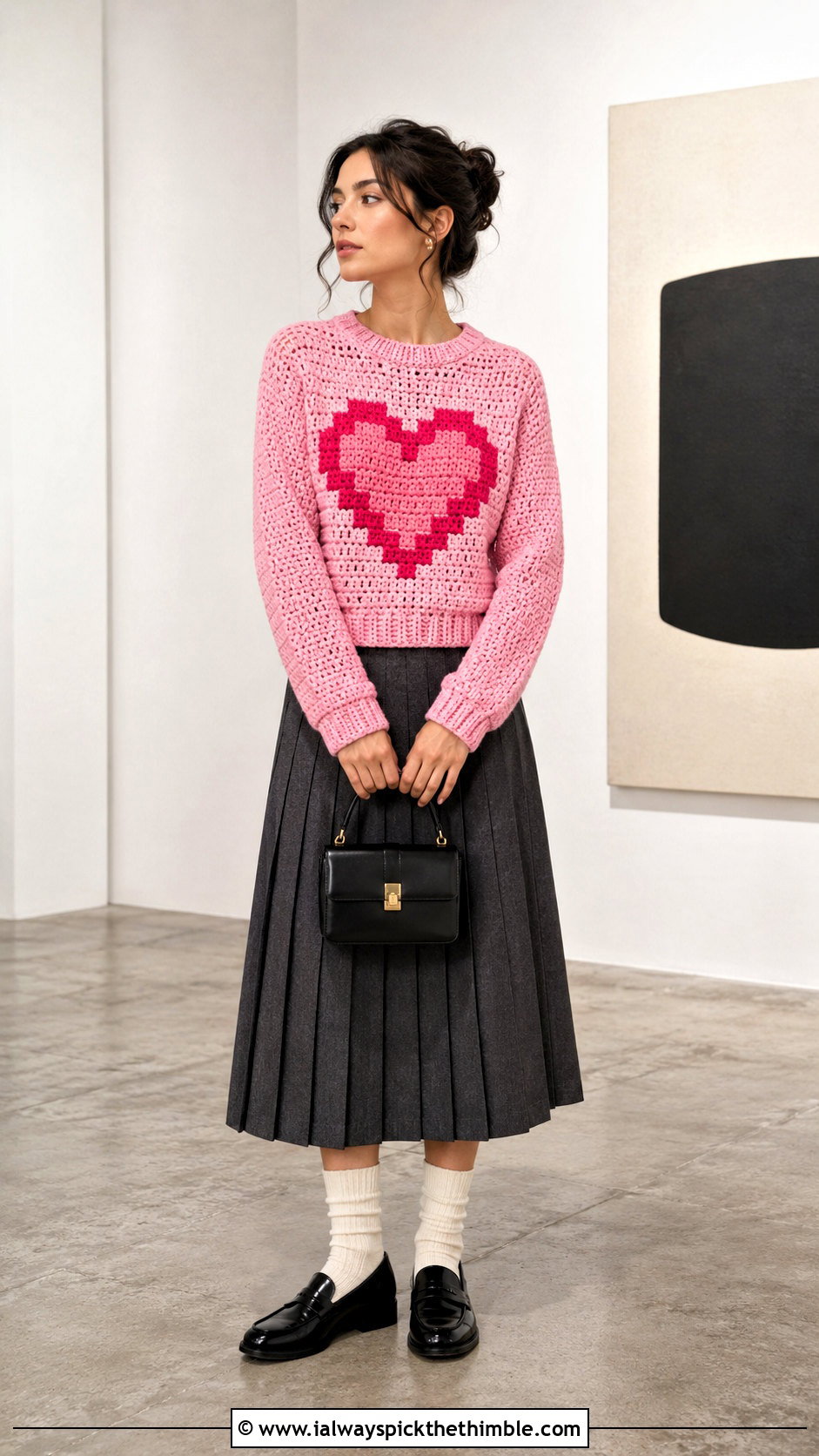 Pixel Heart Crochet Graphic Sweater With Pleated Skirt - 20 crochet graphic sweater outfit ideas