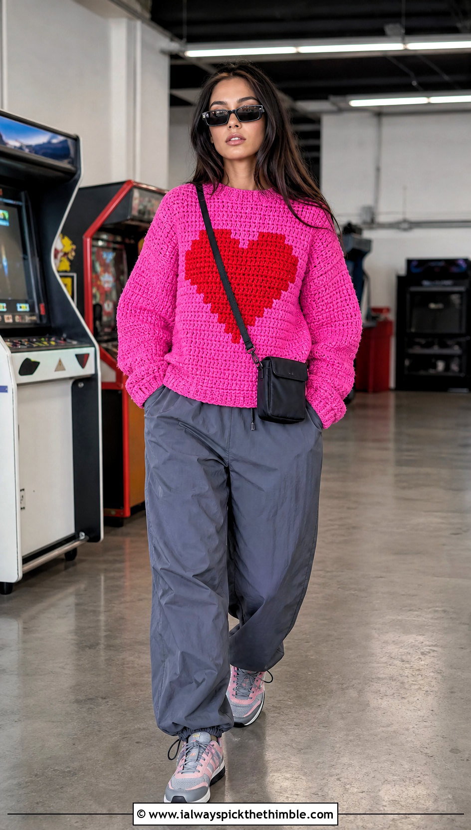 Pixel Heart Crochet Mabel Sweater With Parachute Pants - 25 crochet mabel sweater outfit ideas