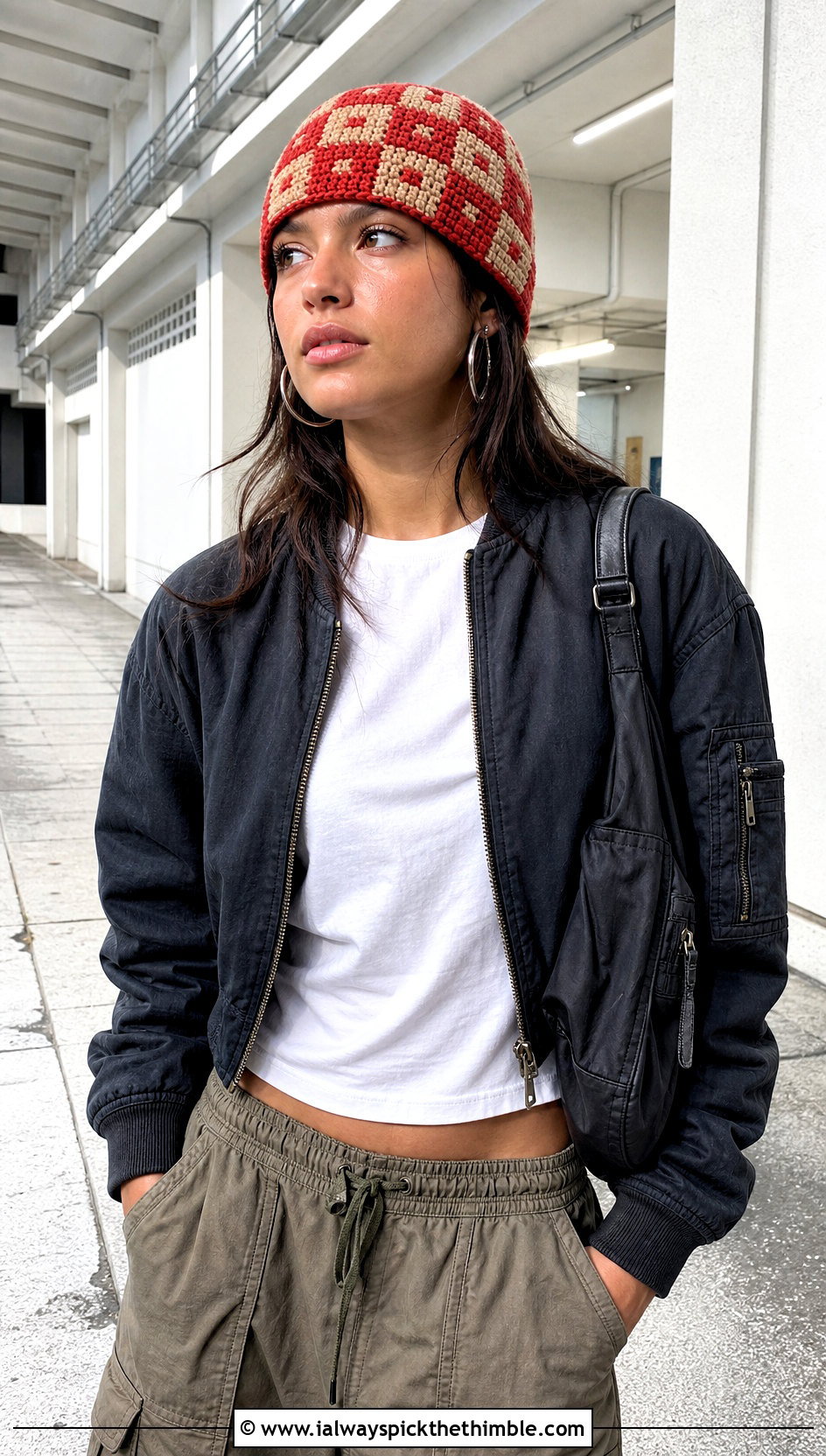 Pixel Mosaic Crochet Beanie With Cargo Pants - 20 Mosaic Crochet Beanie outfit ideas