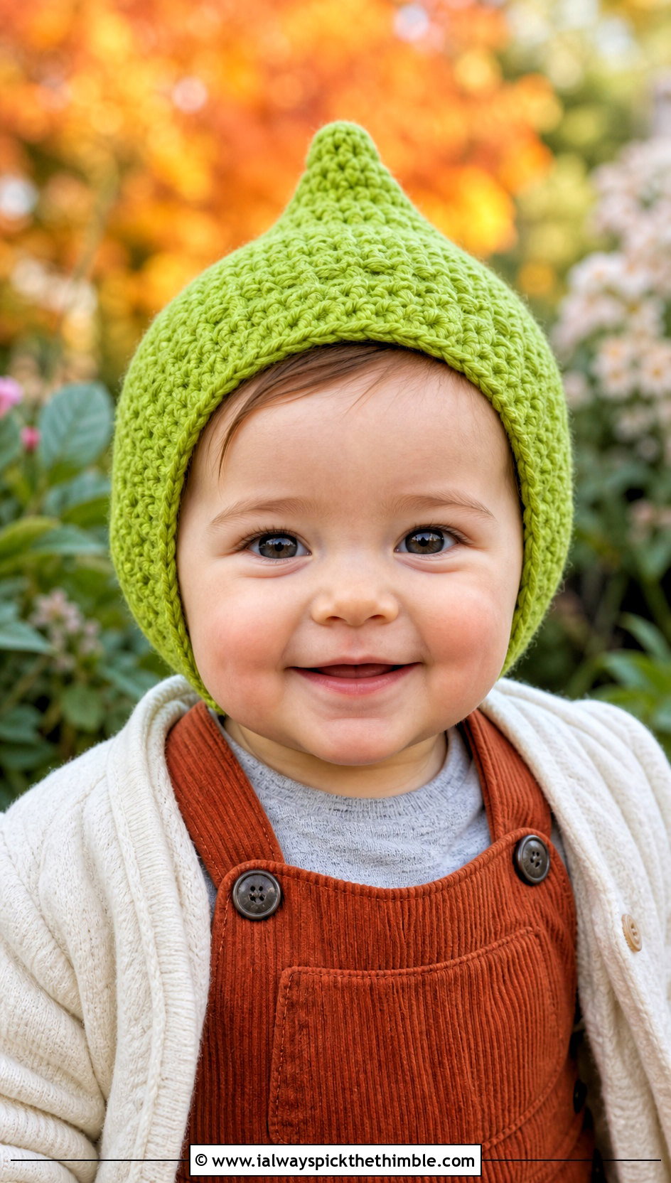 Pixie Crochet Bonnet With Corduroy Romper - 15 12 Month Crochet Hat outfit ideas