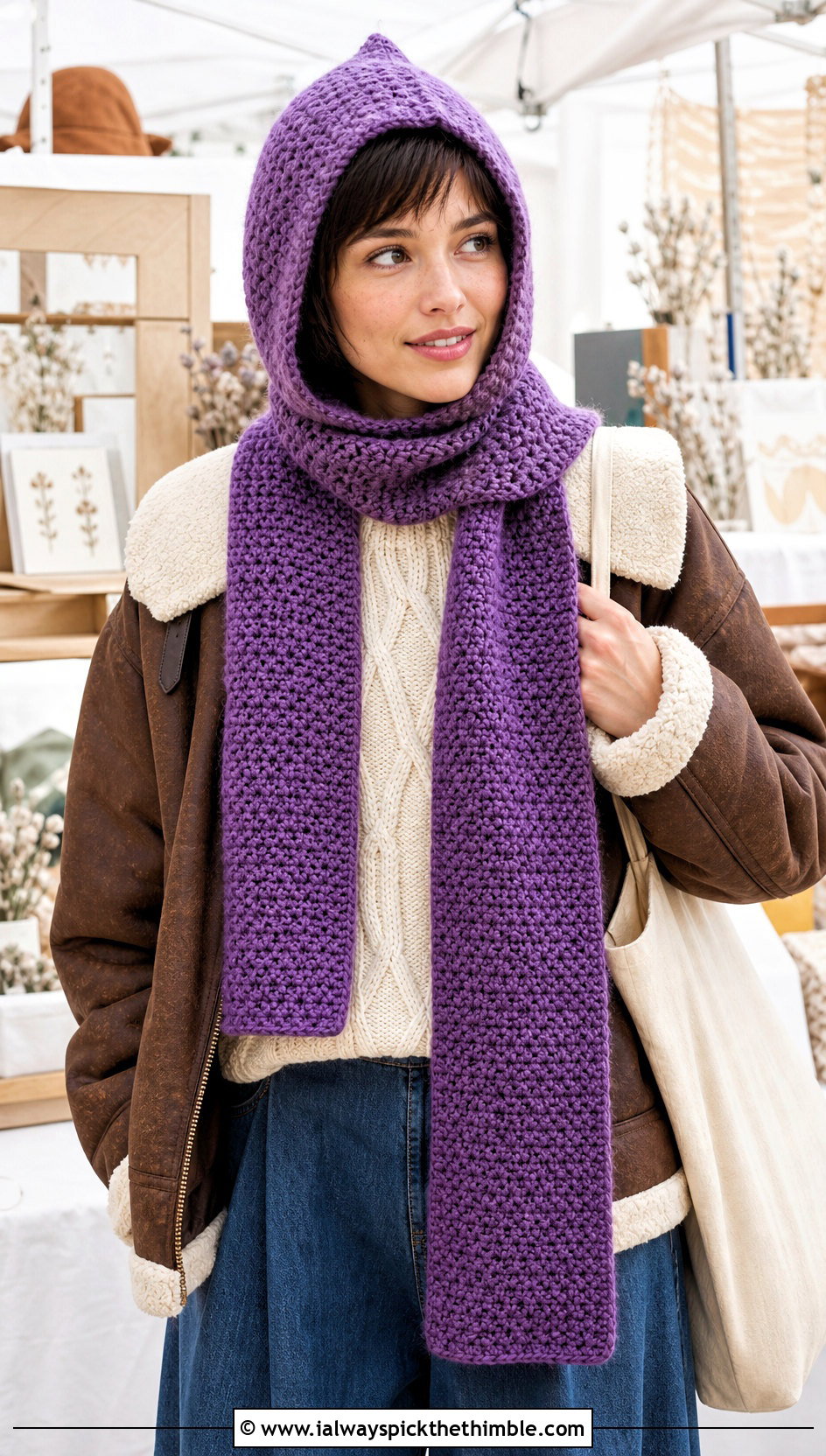 Pixie Crochet Hood Scarf With Wide Leg Jeans - 15 Crochet Scarf Hat outfit ideas