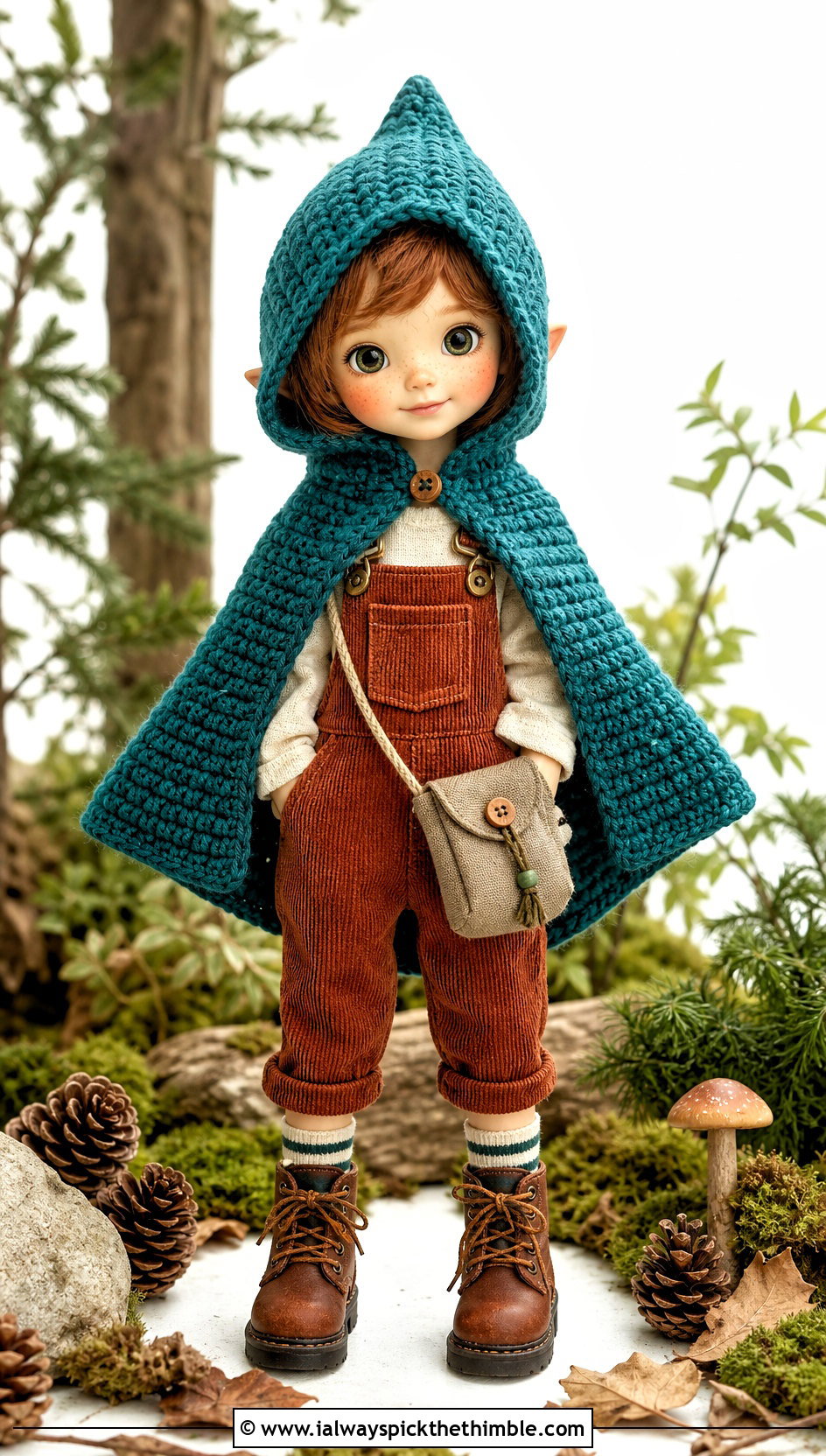 Pixie Hood Crochet Doll Cape With Corduroy Overalls - 20 Crochet Doll Cape outfit ideas