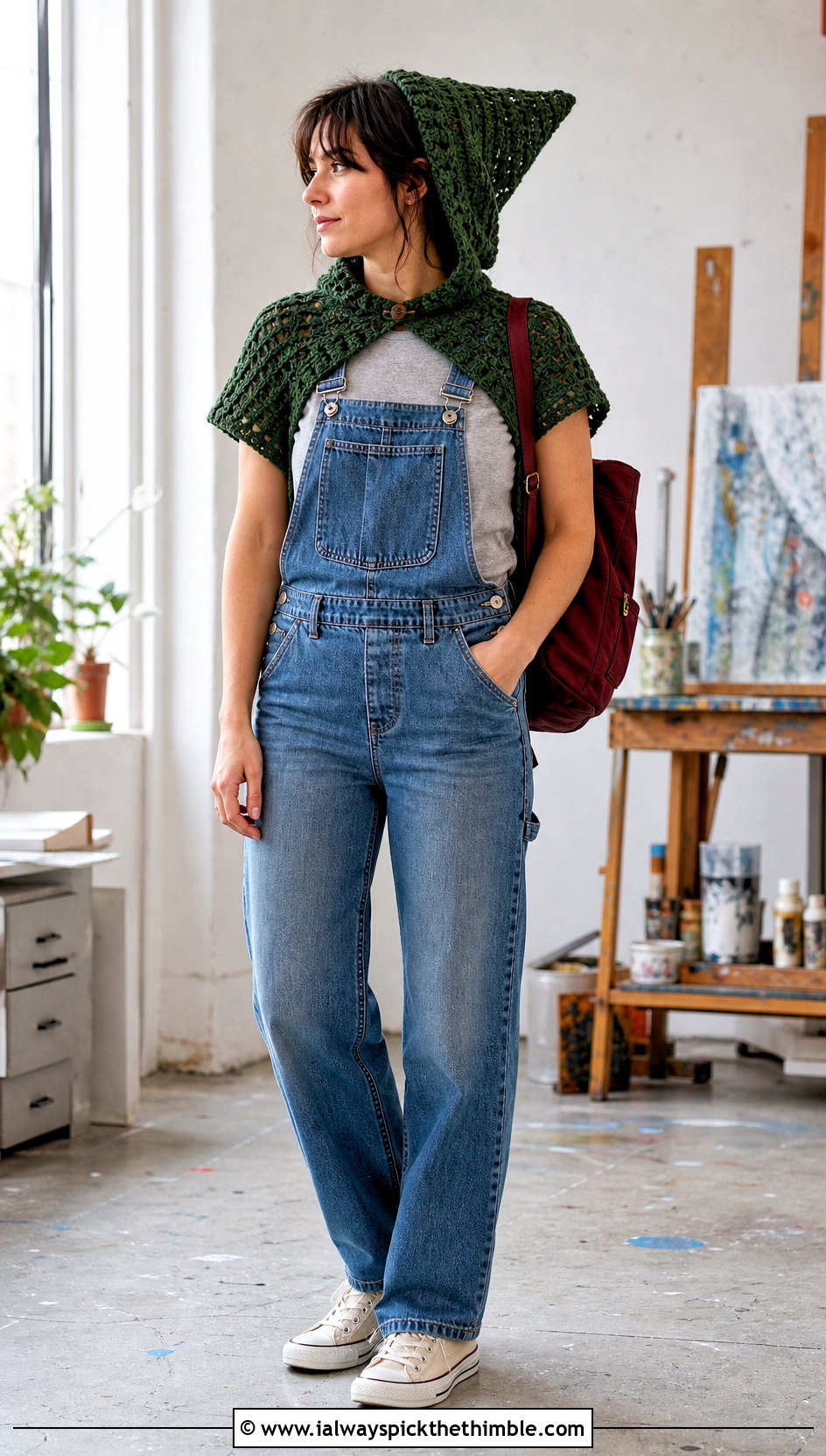 Pixie Hood Crochet Shrug And Denim Overalls - 20 crochet shrug with hood outfit ideas