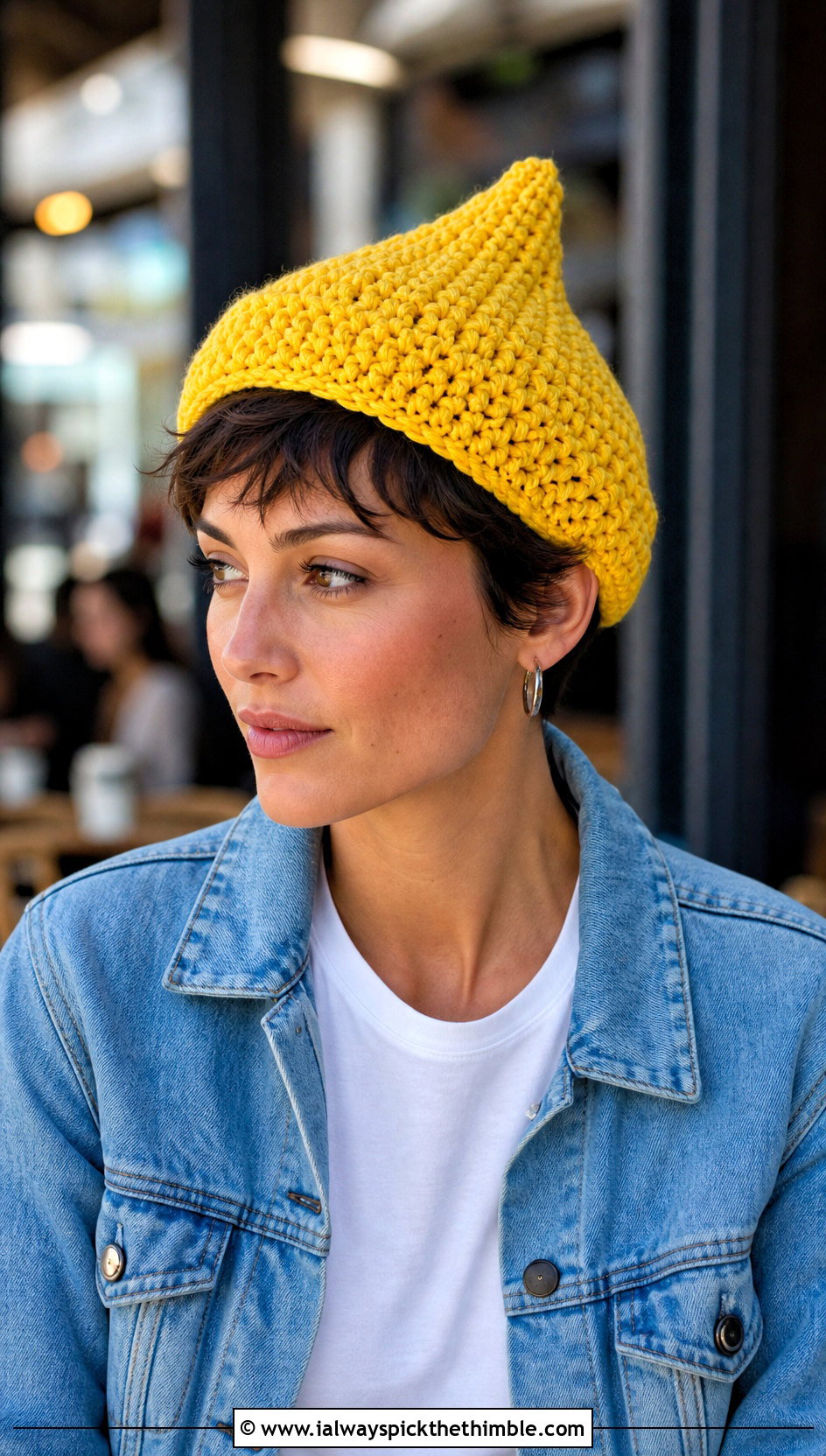 Pixie Point Crochet Hat With Denim Jacket And Jeans - 20 pointy crochet hat outfit ideas