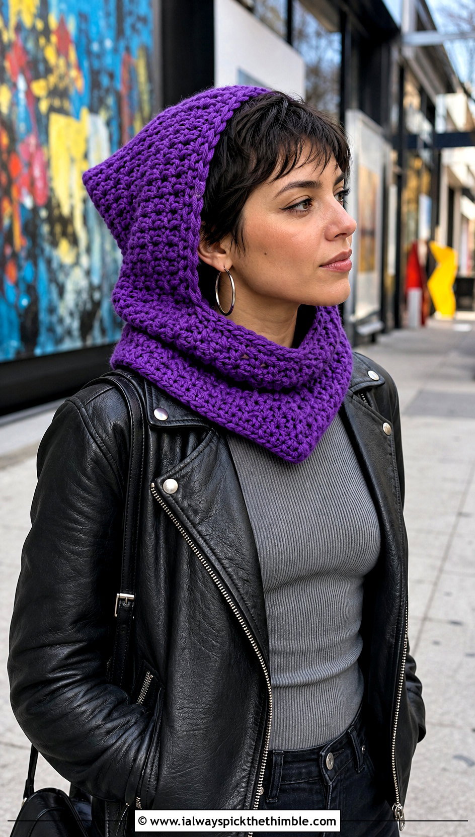 Pixie Point Crochet Hooded Cowl With Leather Jacket - 25 crochet hooded cowl outfit ideas