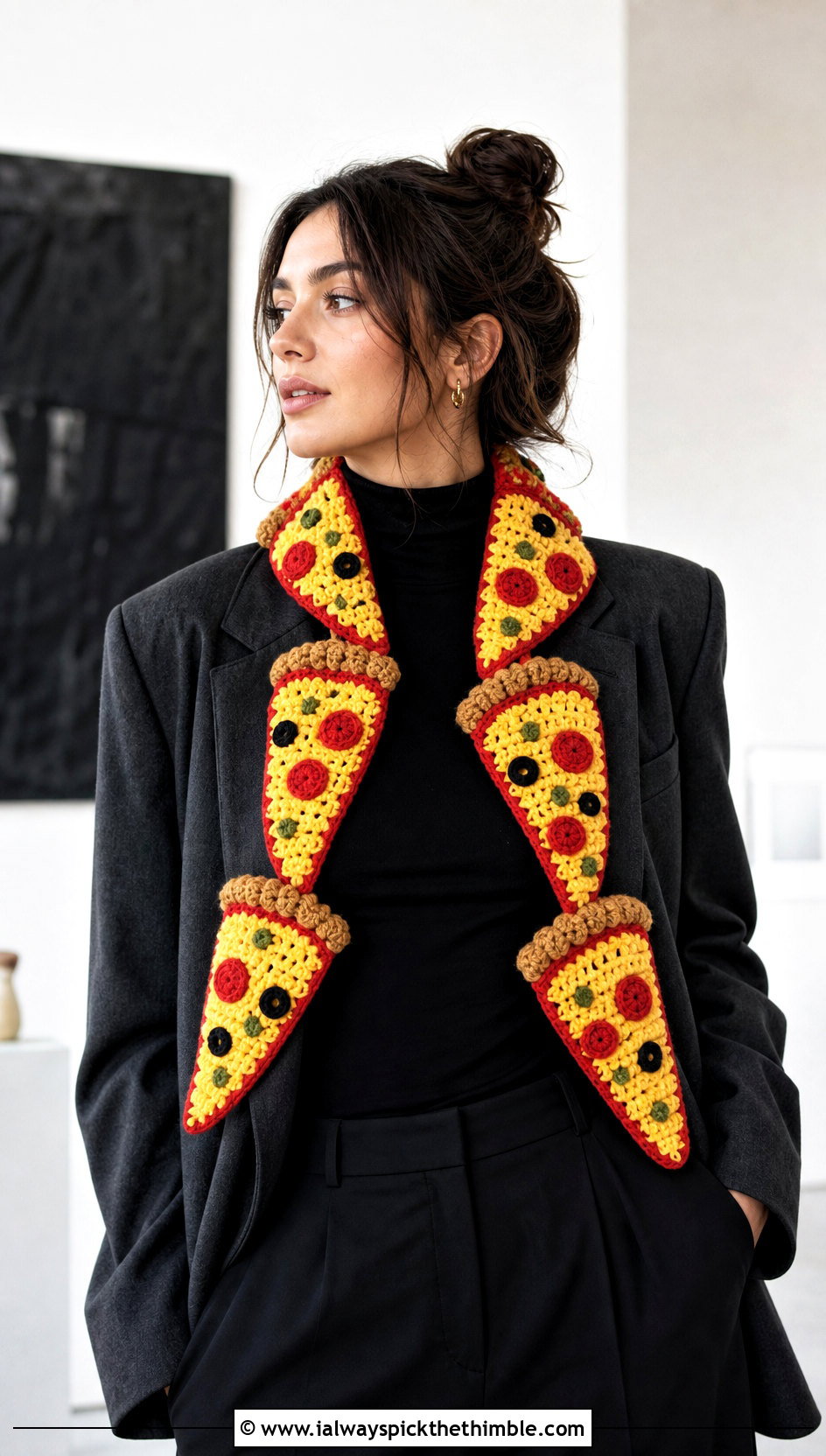 Pizza Slice Crochet Scarf With Blazer - 15 Funny Crochet Scarf outfit ideas