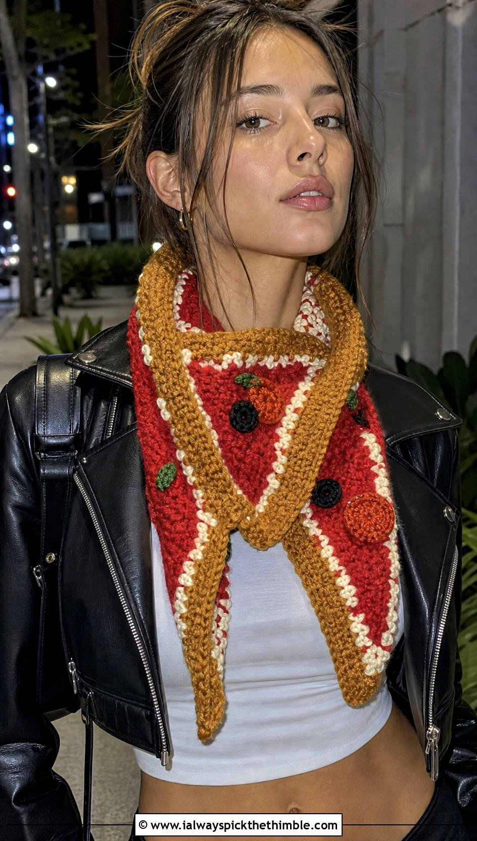 Pizza Slice Crochet Scarf With Leather Jacket Outfit - 15 Funny Crochet Scarves outfit ideas