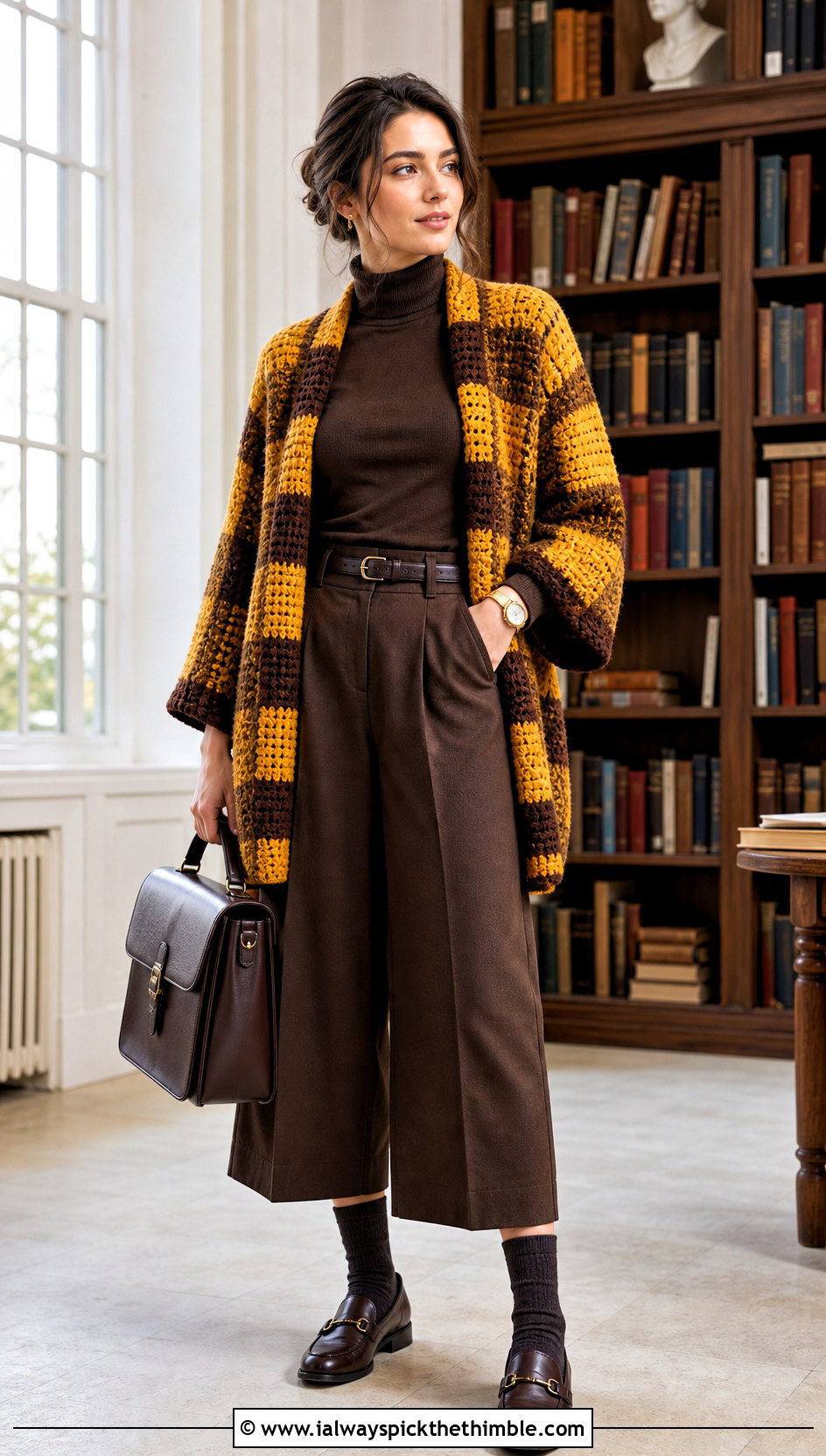 Plaid Blanket Crochet Cardigan With Turtleneck And Culottes - 20 blanket crochet cardigan outfit ideas