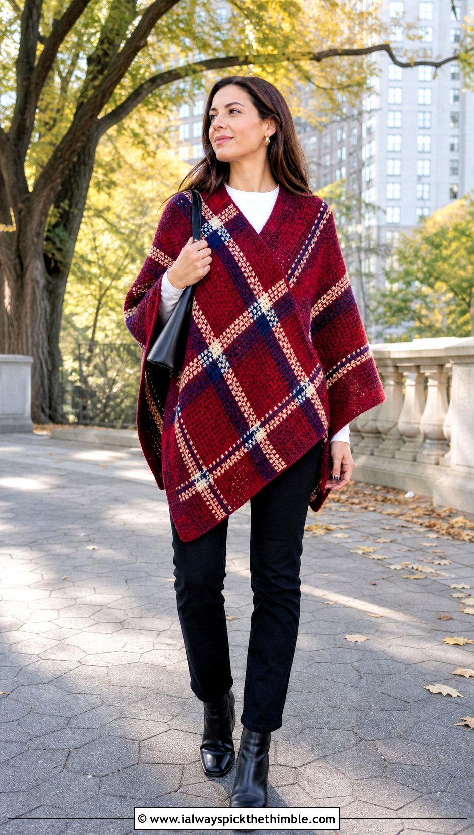 Plaid Blanket Crochet Poncho With Black Jeans - 15 Blanket Crochet Poncho outfit ideas