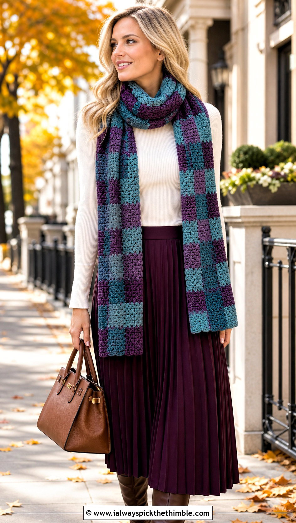 Plaid Bonfire Scarf With Pleated Midi Skirt - 20 Crochet Bonfire Scarf outfit ideas