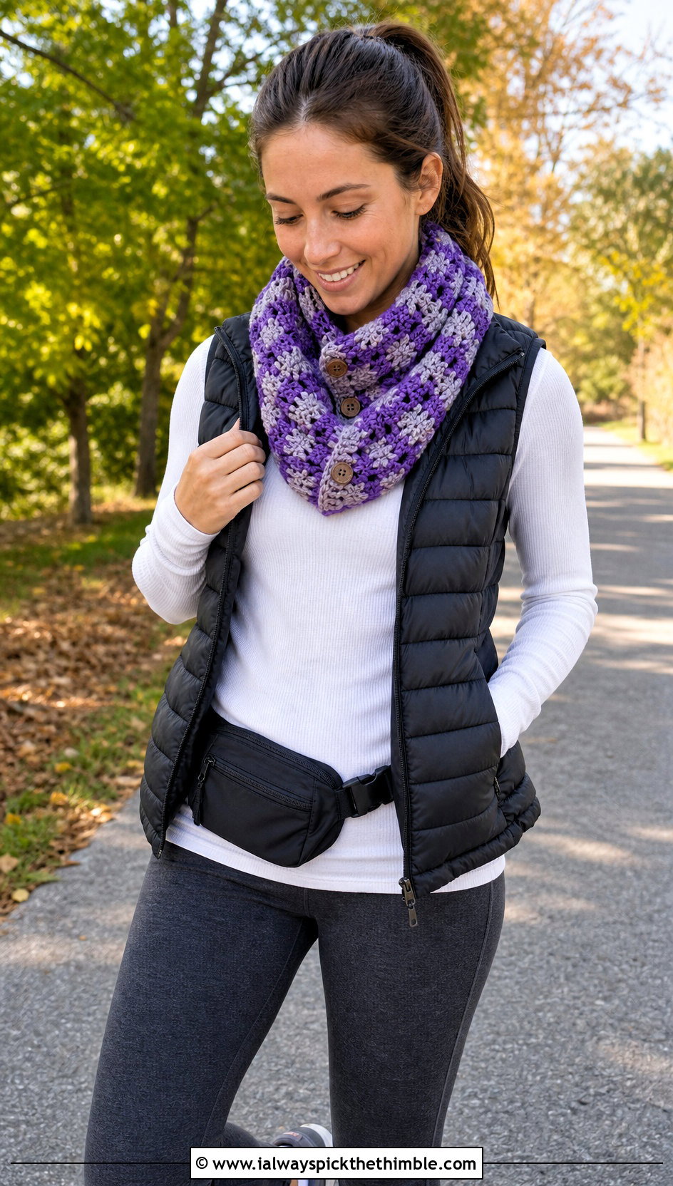 Plaid Button Infinity Scarf With Puffer Vest - 15 Button Crochet Scarf outfit ideas