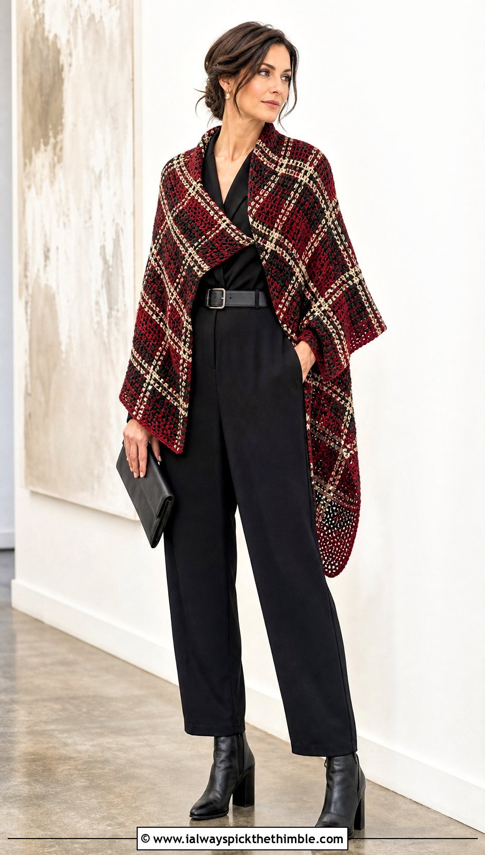 Plaid Colorwork Crochet Outlander Shawl With Black Jumpsuit - 25 crochet outlander shawl outfit ideas