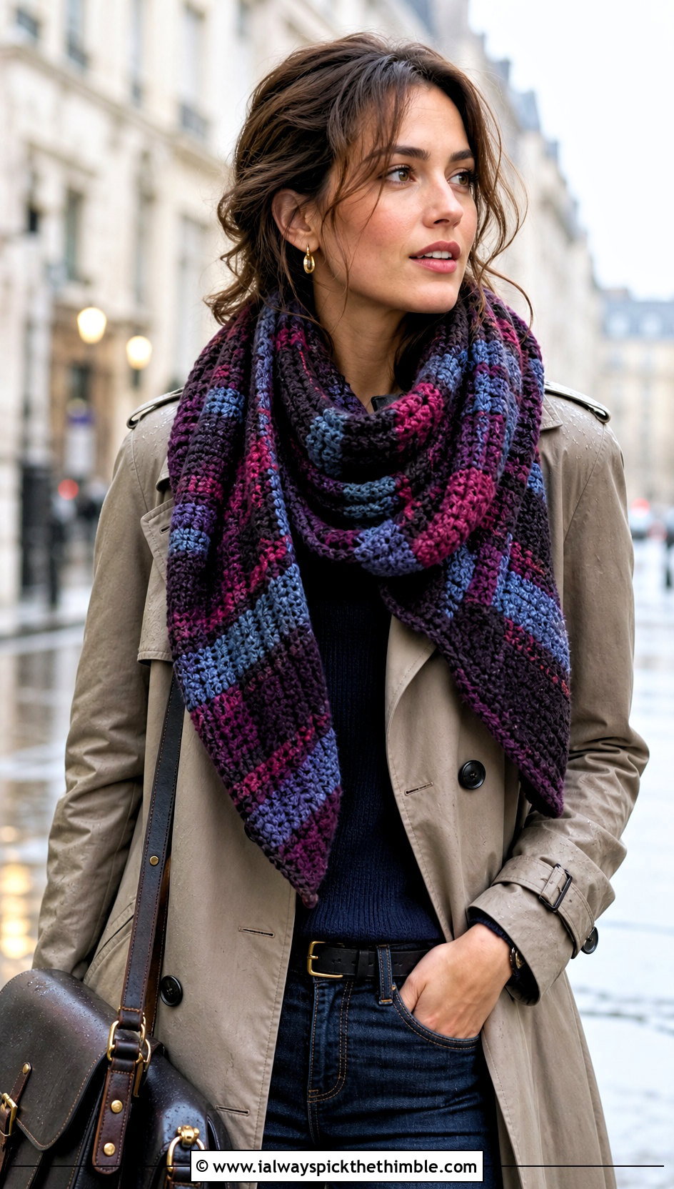 Plaid Crochet Blanket Scarf With Trench Coat - 25 crochet blanket scarf outfit ideas