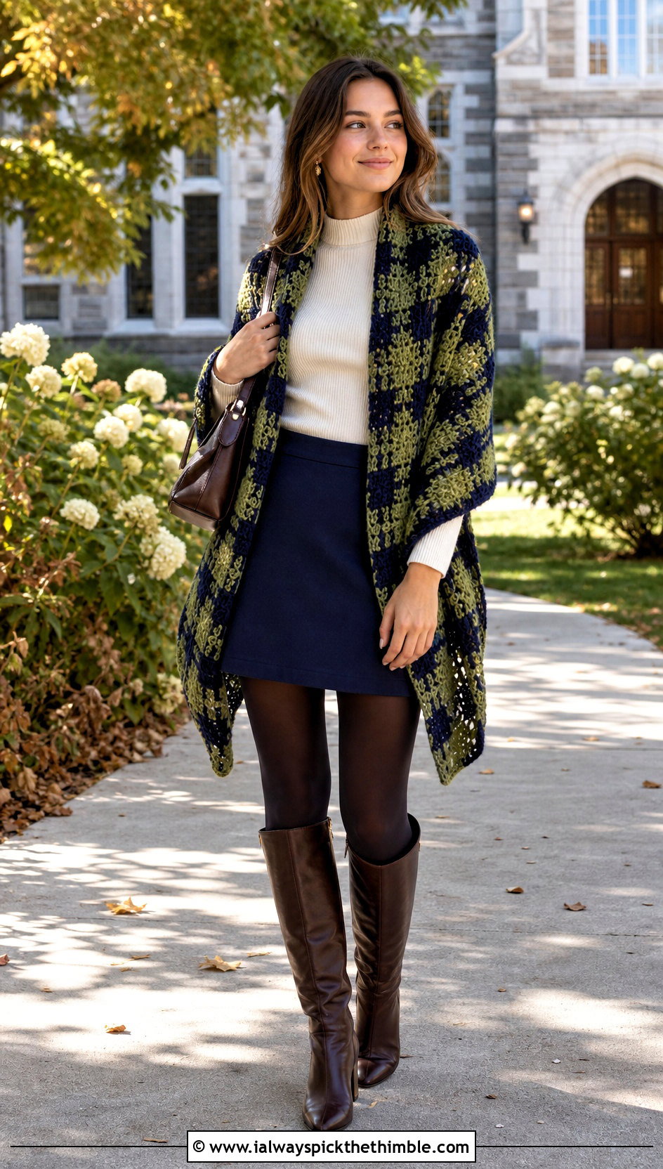 Plaid Crochet Blanket Shawl With Mini Skirt And Boots - 20 crochet blanket shawl outfit ideas