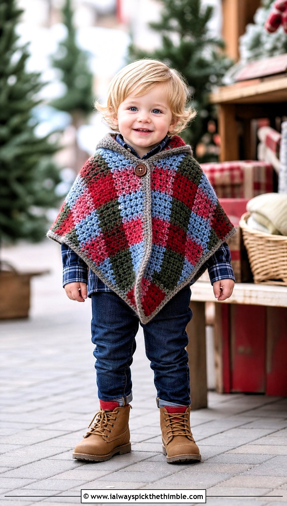 Plaid Crochet Carseat Poncho With Flannel Shirt And Jeans - 20 Crochet Carseat Poncho outfit ideas