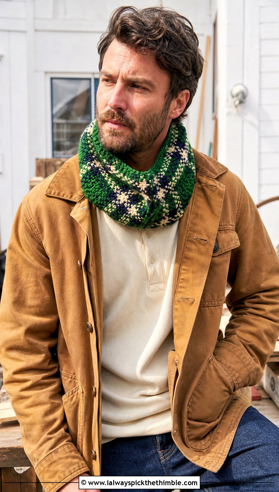 Plaid Crochet Cowl With Workwear Jacket - 20 crochet cowl for men outfit ideas