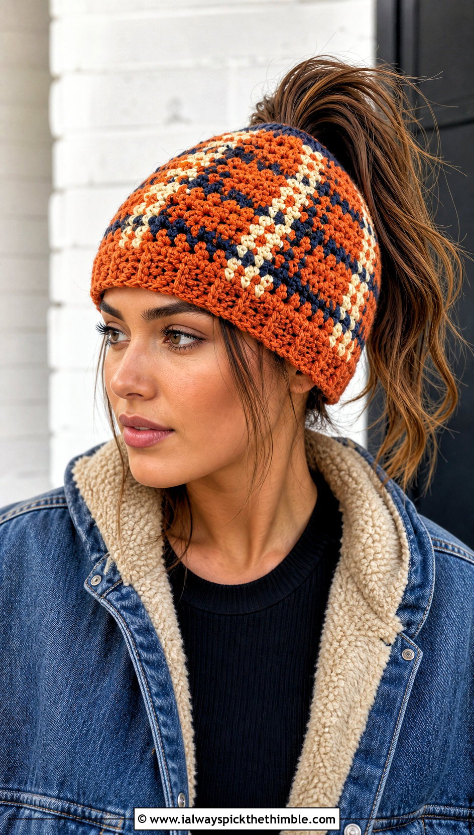 Plaid Crochet Ponytail Hat With Denim Jacket - 25 crochet ponytail hat outfit ideas