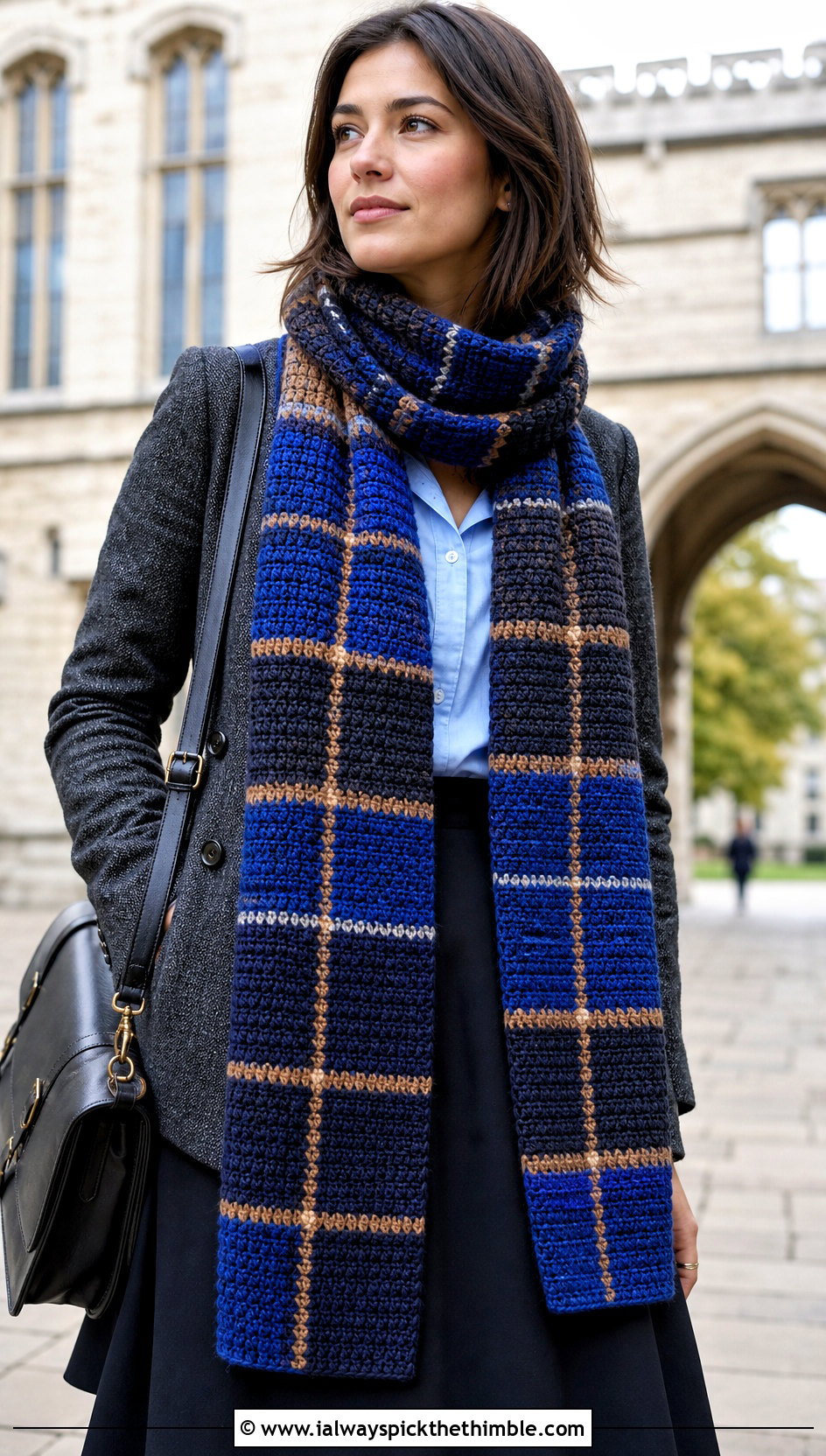 Plaid Crochet Ravenclaw Scarf With Tweed Blazer - 25 crochet ravenclaw scarf outfit ideas
