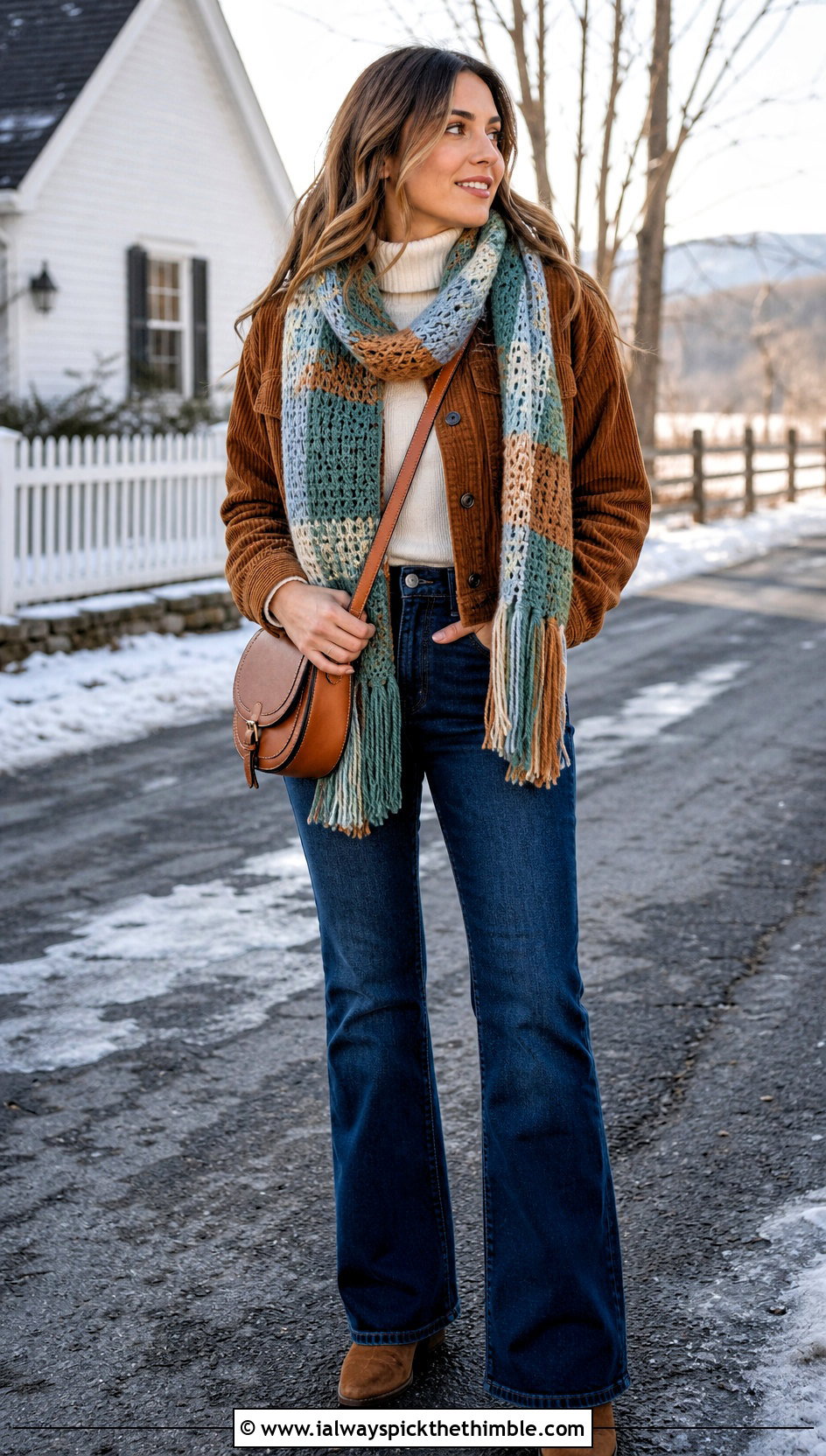 Plaid Crochet Scarf With Corduroy Jacket - 25 crochet winter scarf outfit ideas