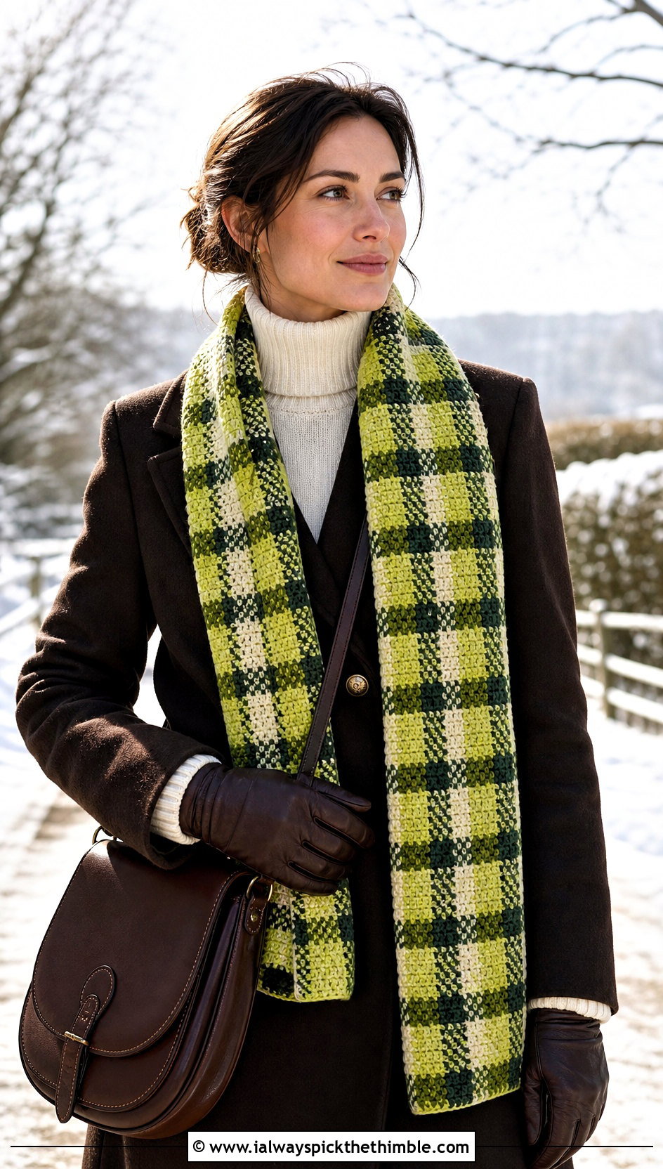 Plaid Crochet Scarf With Riding Coat And Ponte Pants - 25 Winter Crochet Scarfs For Women outfit ideas