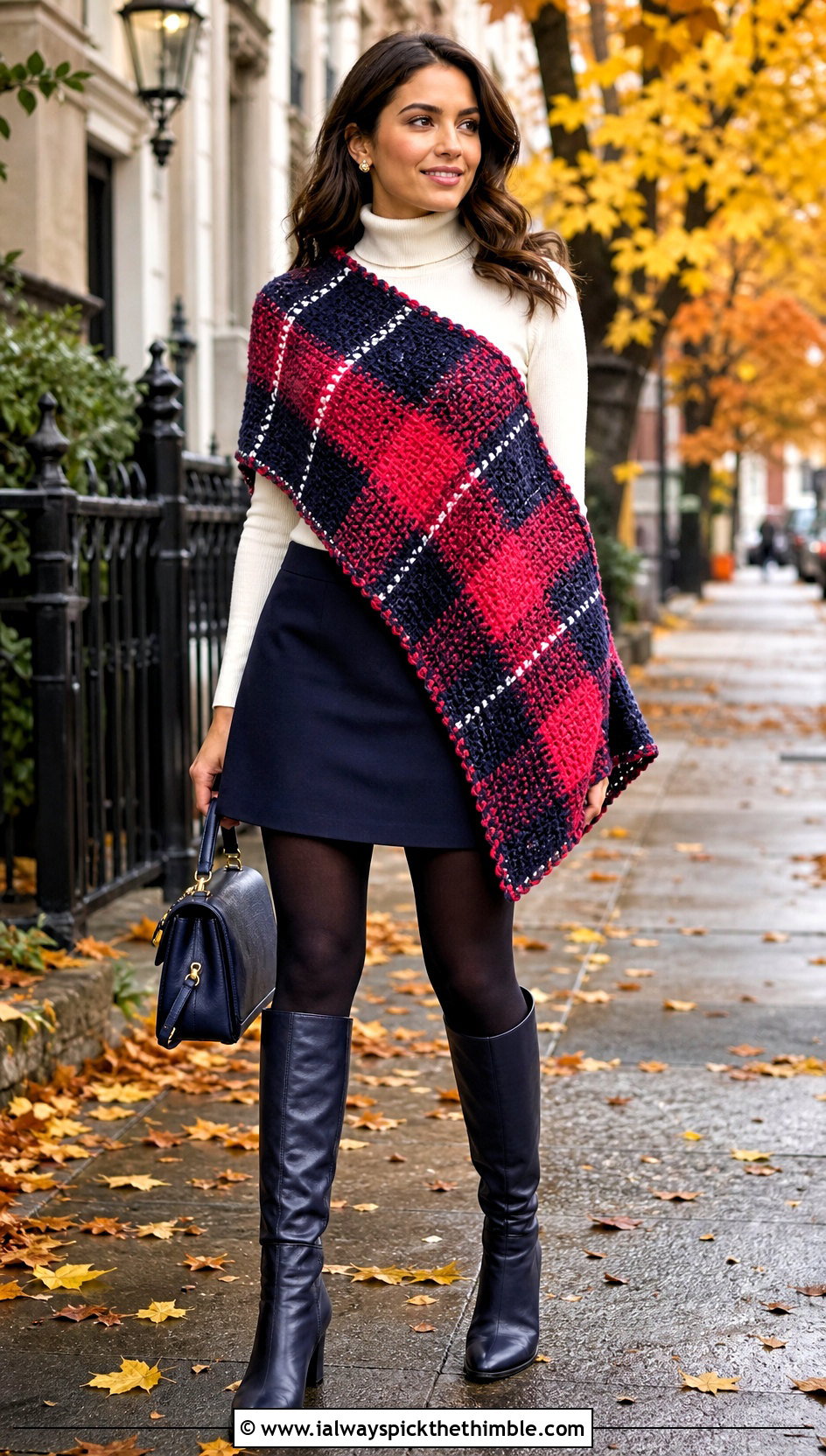 Plaid Crochet Shawl With Turtleneck And Mini Skirt - 25 easy crochet shawl outfit ideas