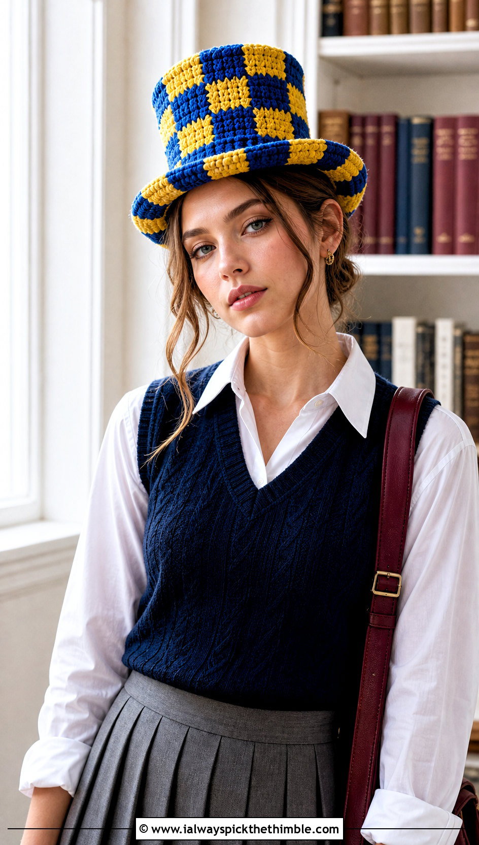 Plaid Crochet Top Hat With Preppy Layers - 25 crochet top hat outfit ideas