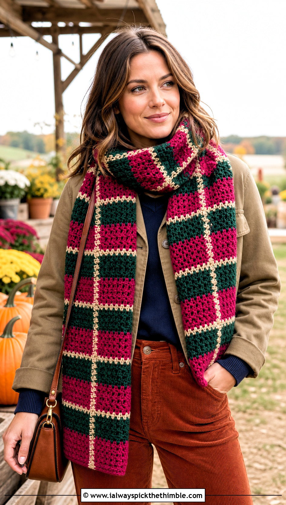 Plaid Crochet Wide Scarf With Barn Jacket - 20 Crochet Wide Scarf outfit ideas