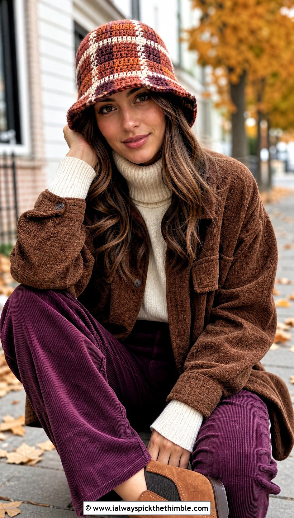 Plaid Crocheted Bucket Hat With Corduroy Pants - 25 Crocheted Bucket Hat outfit ideas