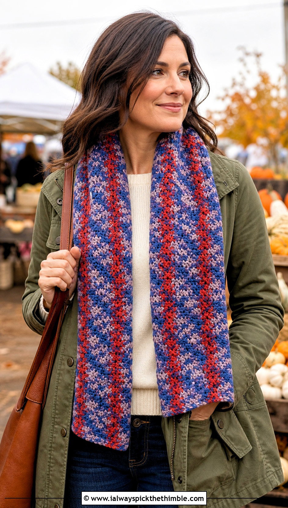 Plaid Effect Moss Stitch Crochet Scarf With Field Jacket And Riding Boots - 20 Moss Stitch Crochet Scarf outfit ideas