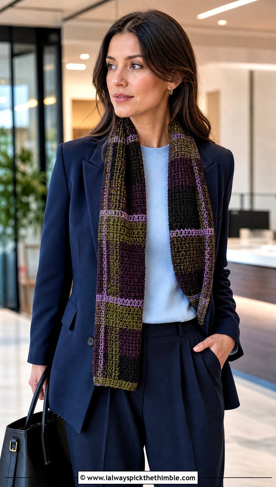 Plaid Pocket Scarf With Blazer And Trousers - 20 crochet pocket scarves outfit ideas