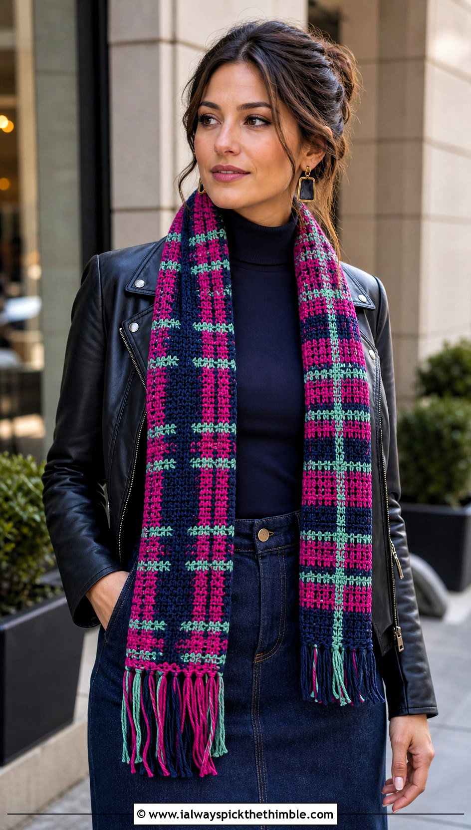 Plaid Striped Crochet Scarf With Moto Jacket - 20 crochet striped scarf outfit ideas