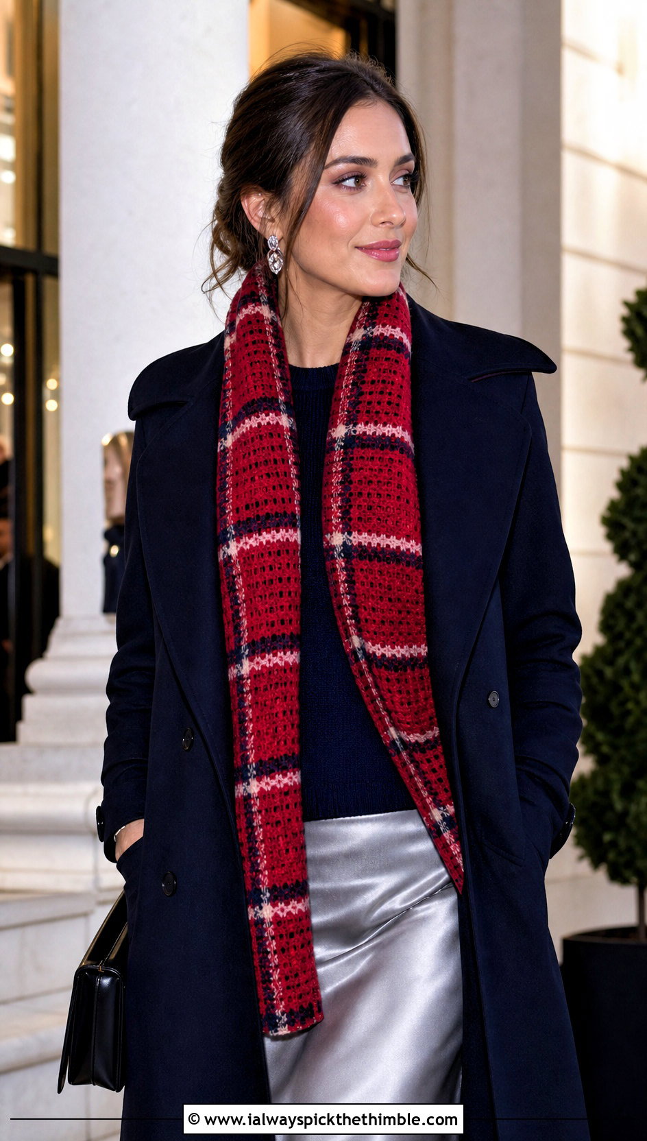 Plaid Thermal Stitch Crochet Scarf With Evening Outfit - 20 Thermal Stitch Crochet Scarf outfit ideas