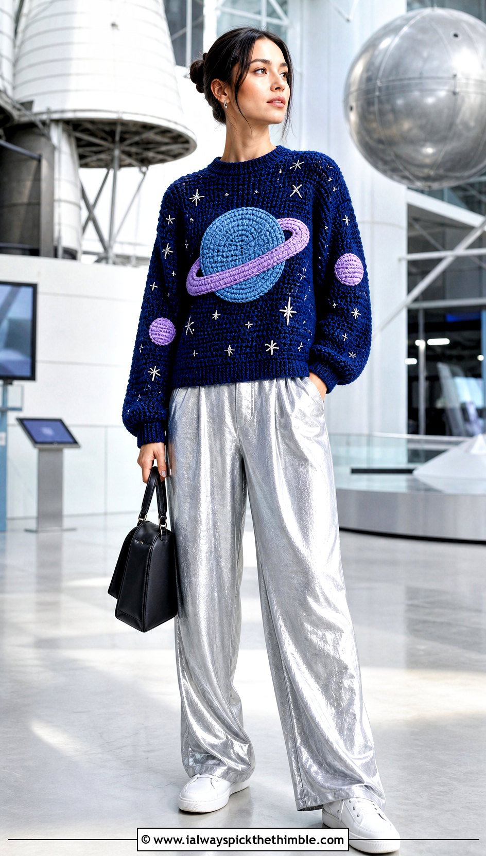 Planet Crochet Mabel Sweater With Metallic Trousers - 25 crochet mabel sweater outfit ideas