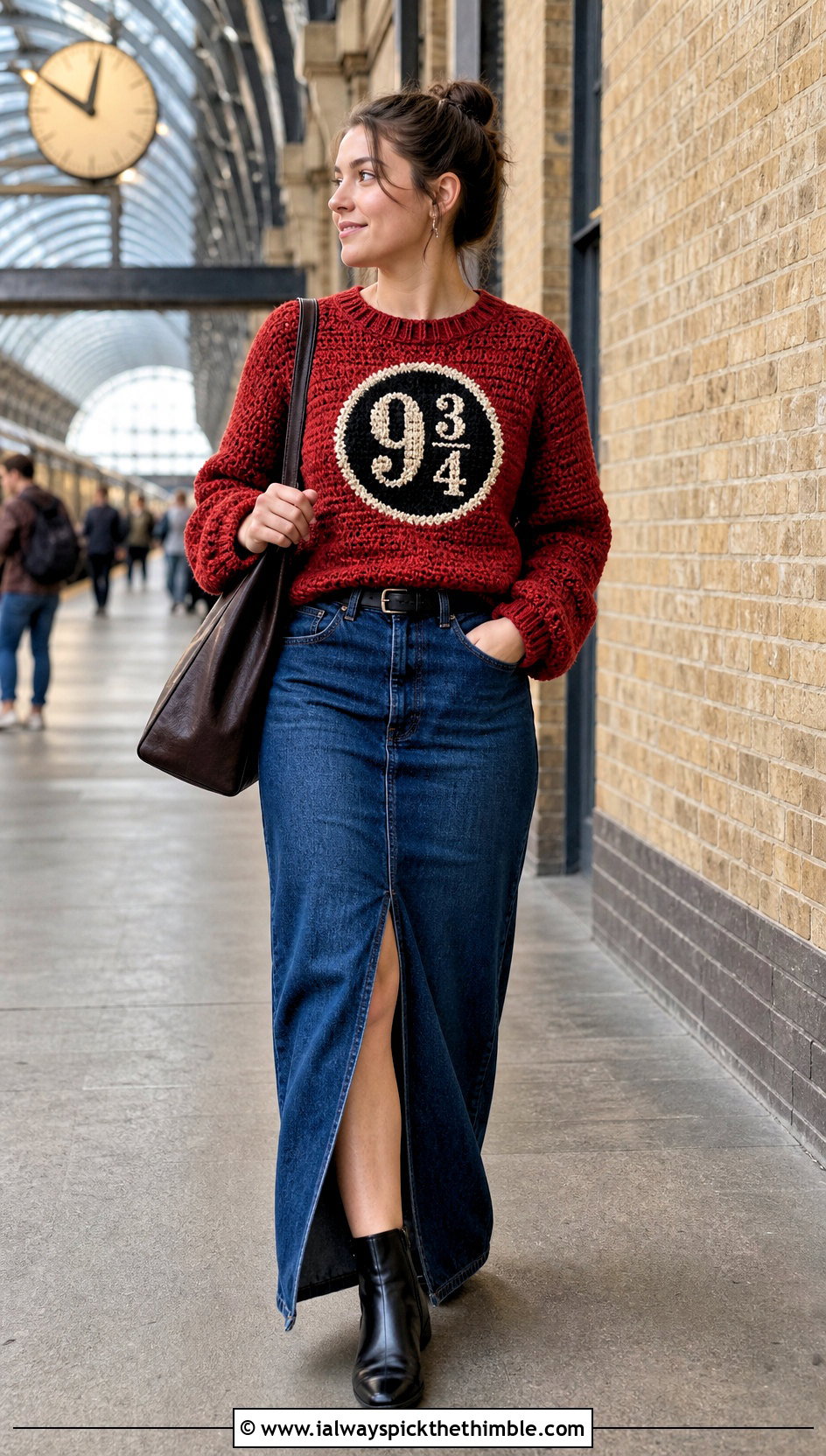 Platform 9 Crochet Harry Potter Sweater With Denim Maxi Skirt - 25 crochet harry potter sweater outfit ideas
