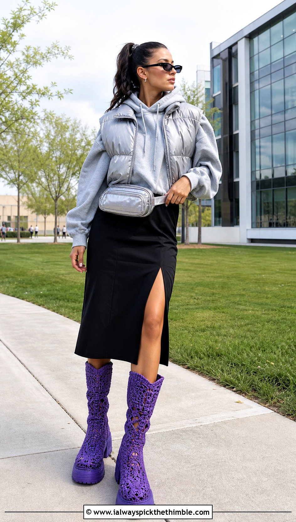 Platform Crochet Cowboy Boots With A Hoodie And Midi Skirt - 20 Crochet Cowboy Boot outfit ideas