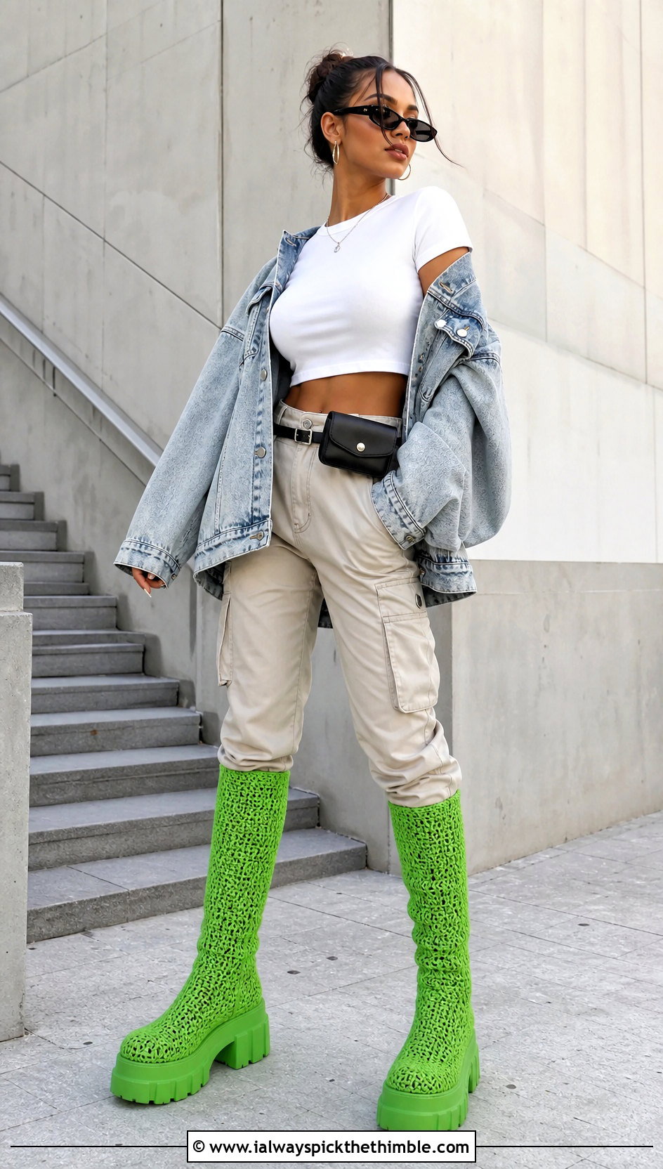 Platform Crochet Knee High Boots With Cargo Pants - 15 Crochet Knee High Boots outfit ideas